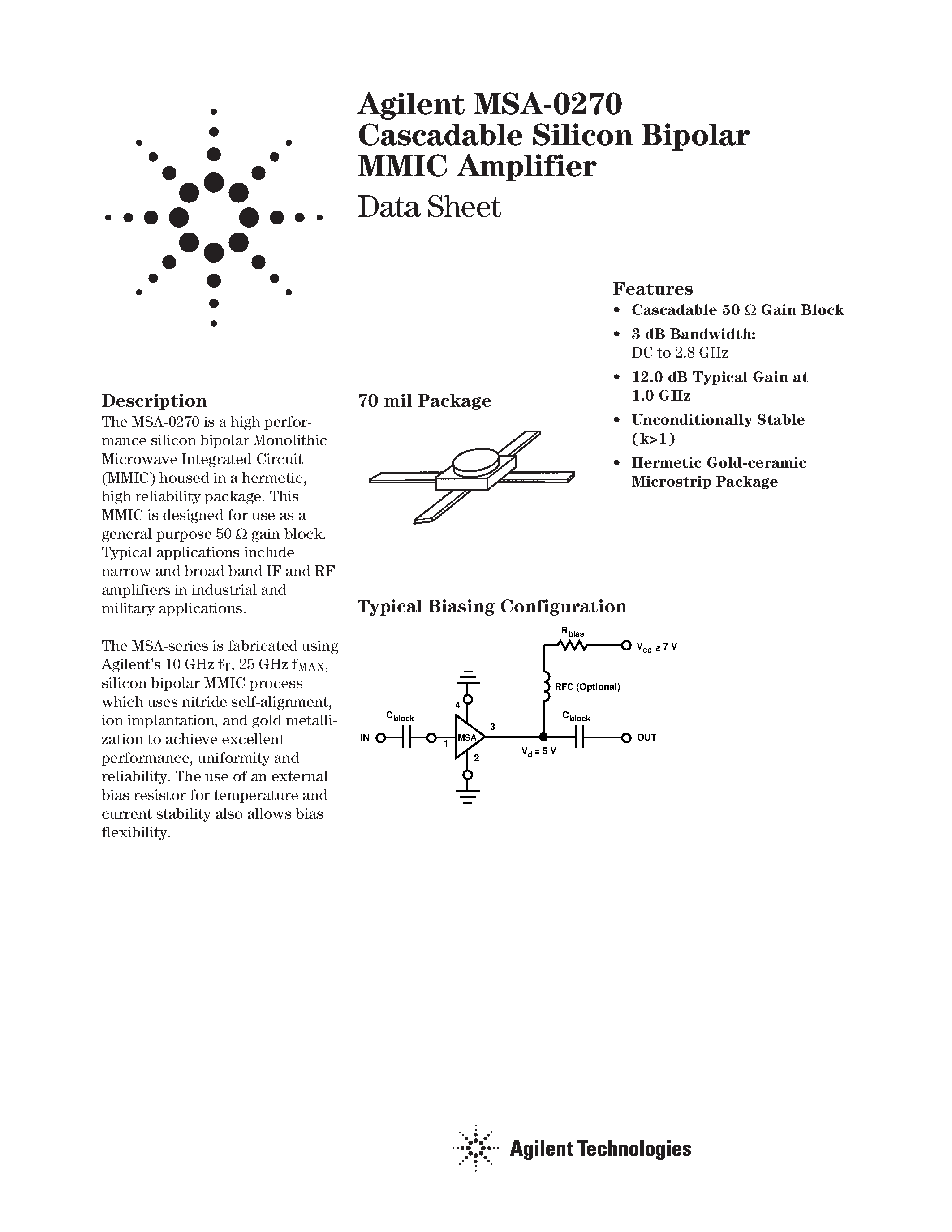 Даташит на микросхему MSA-0270 страница 1 Даташит MSA-0270 - Cascadable Silicon Bipolar MMIC Amplifier страница 1