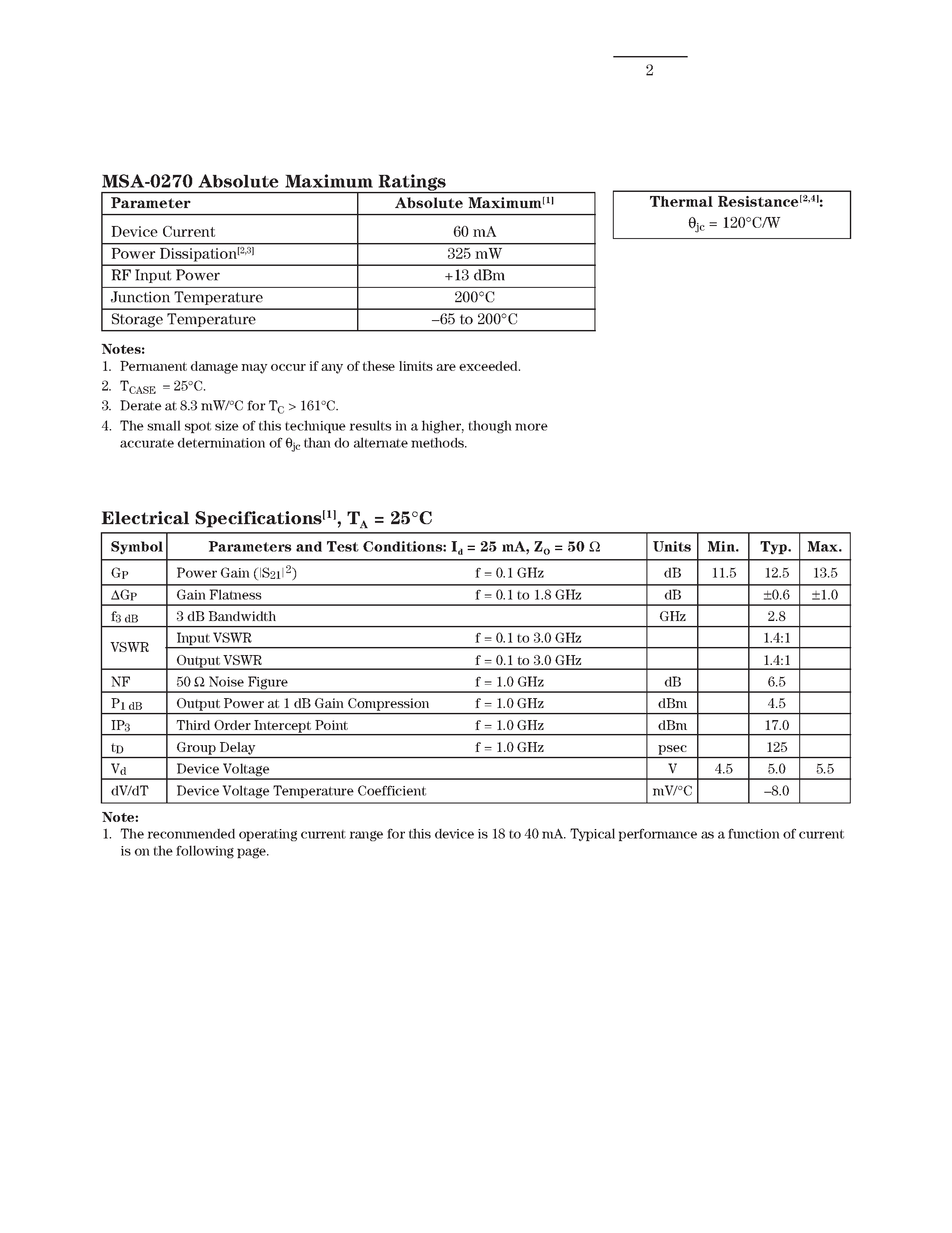 Даташит на микросхему MSA-0270 страница 2 Даташит MSA-0270 - Cascadable Silicon Bipolar MMIC Amplifier страница 2