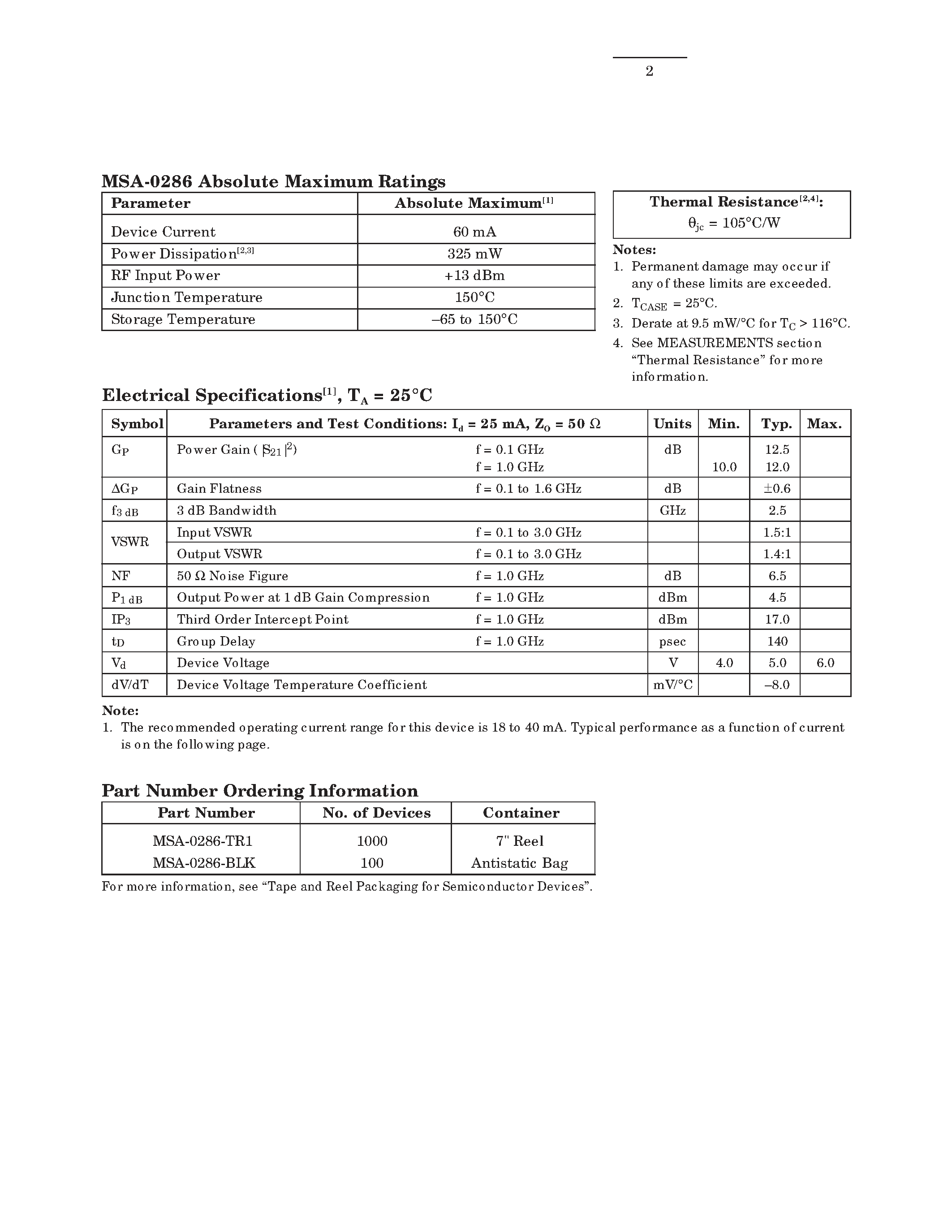 Datasheet MSA-0286 - Cascadable Silicon Bipolar MMIC Amplifier page 2