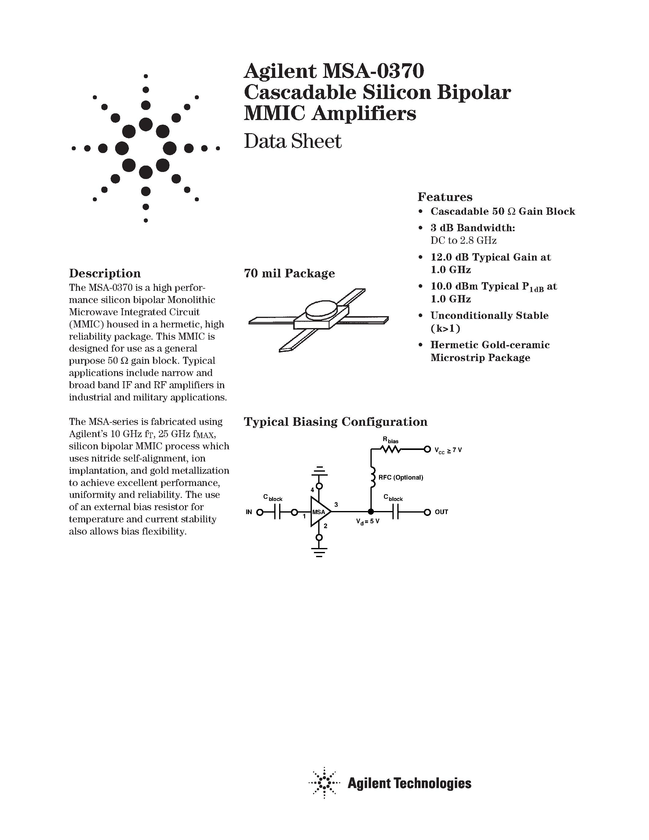 Даташит на микросхему MSA-0370 страница 1 Даташит MSA-0370 - Cascadable Silicon Bipolar MMIC Amplifier страница 1