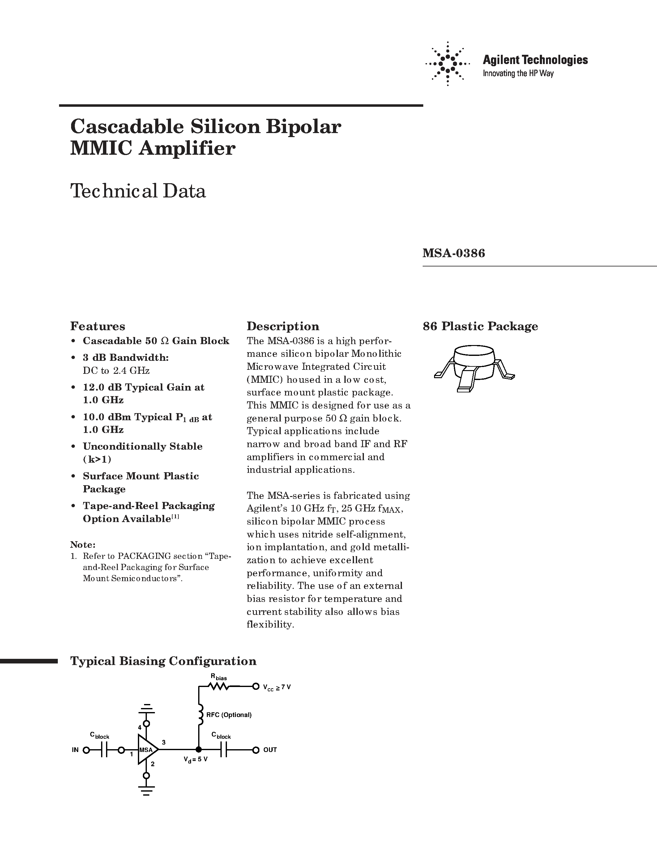 Даташит MSA-0386 - Cascadable Silicon Bipolar MMIC Amplifier страница 1