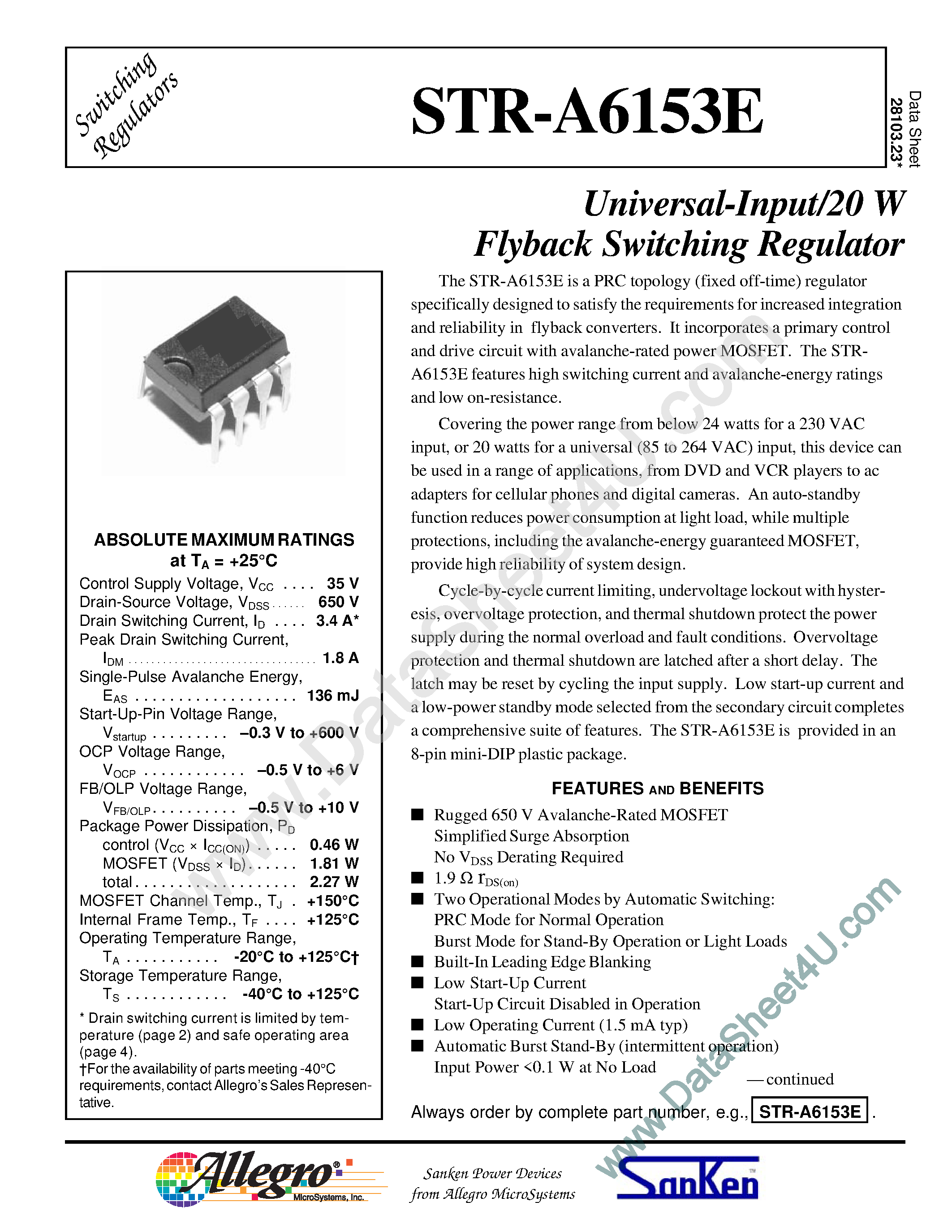 Datasheet STR-A6153E page 1 Datasheet STR-A6153E - Universal Input / 20W Flyback Switching Regulator page 1