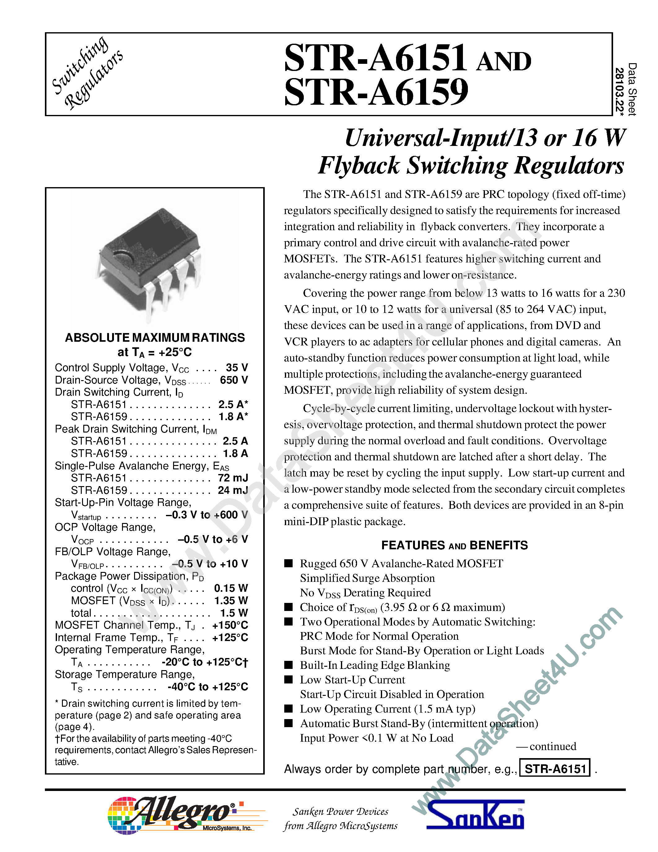 Даташит на микросхему STR-A6151 страница 1 Даташит STR-A6151 - (STR-A6151 / STR-A6159) Universal Input / 13 or 16W Flyback Switching Regulator страница 1
