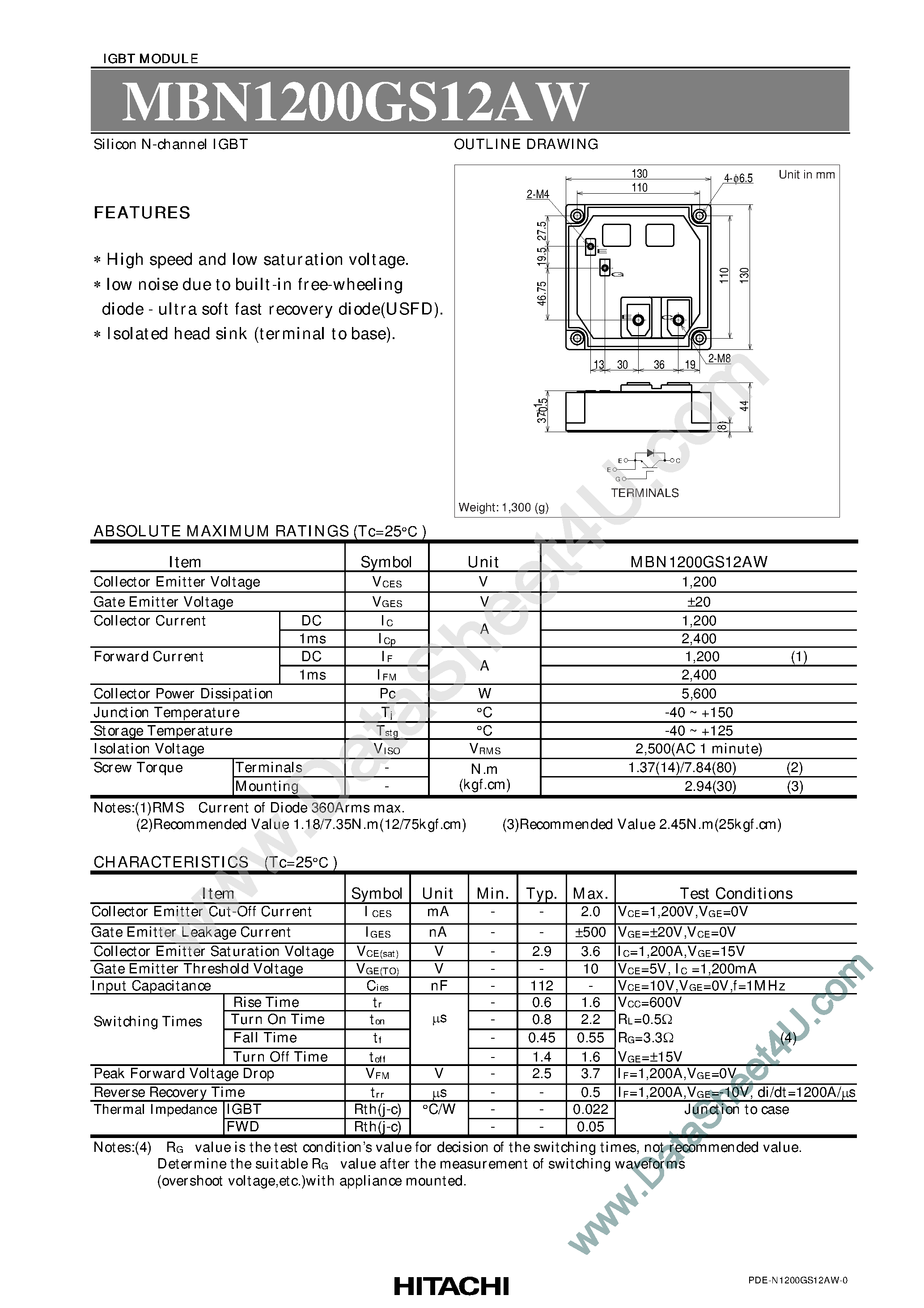 Datasheet MBN1200GS12AW - Silicon N-Channel IGBT page 1