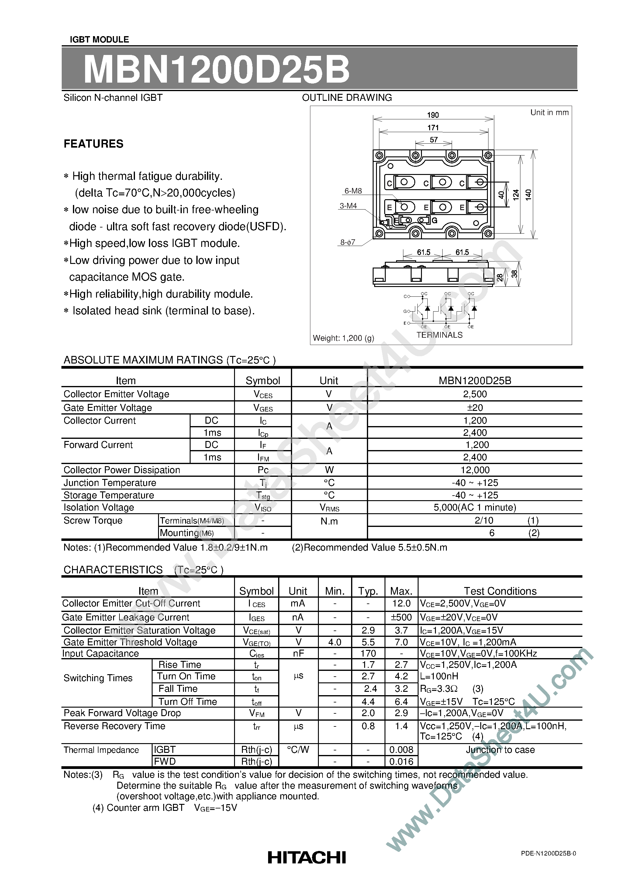 Datasheet MBN1200D25B page 1 Datasheet MBN1200D25B - Silicon N-Channel IGBT page 1