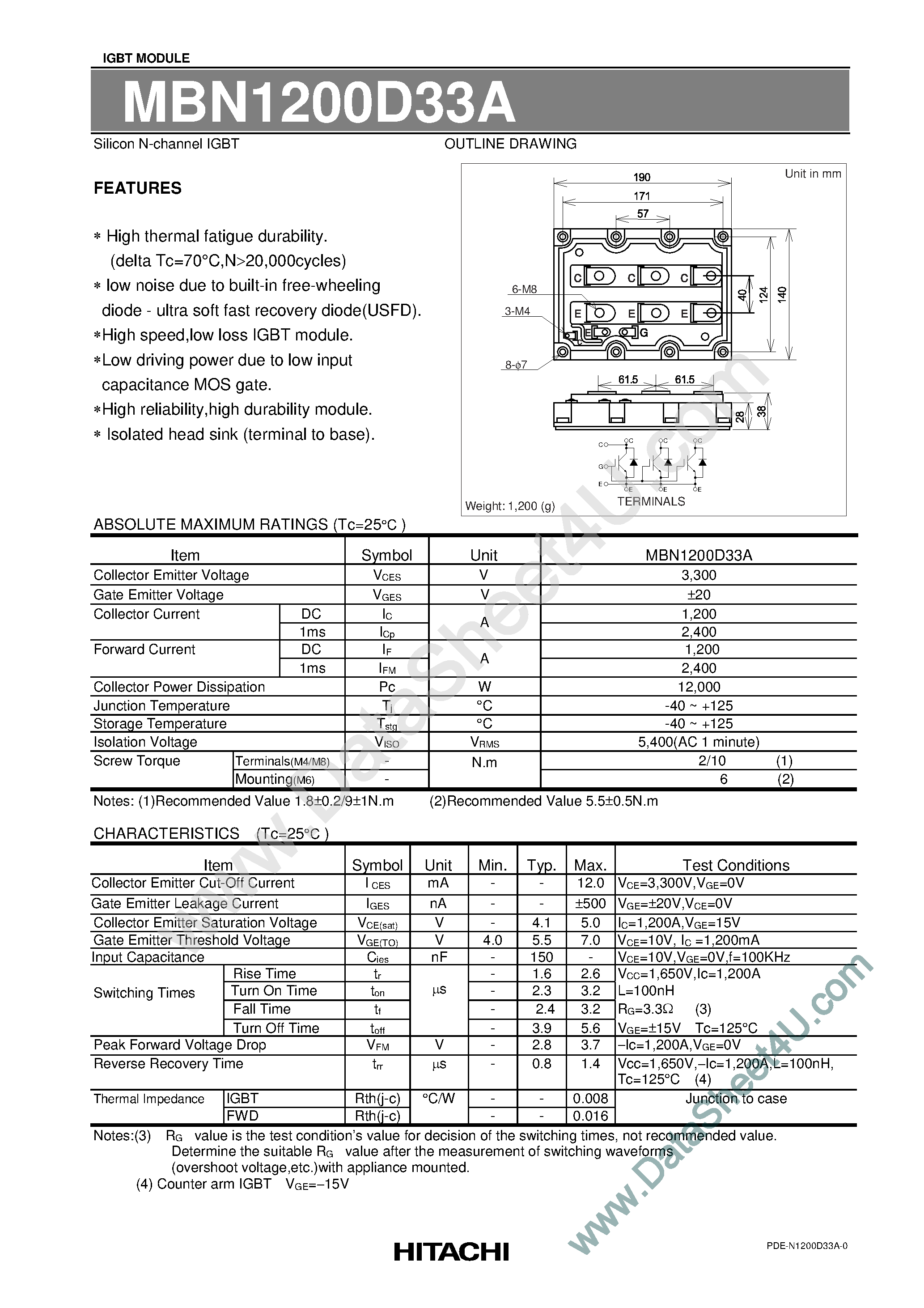Datasheet MBN1200D33A page 1 Datasheet MBN1200D33A - Silicon N-Channel IGBT page 1