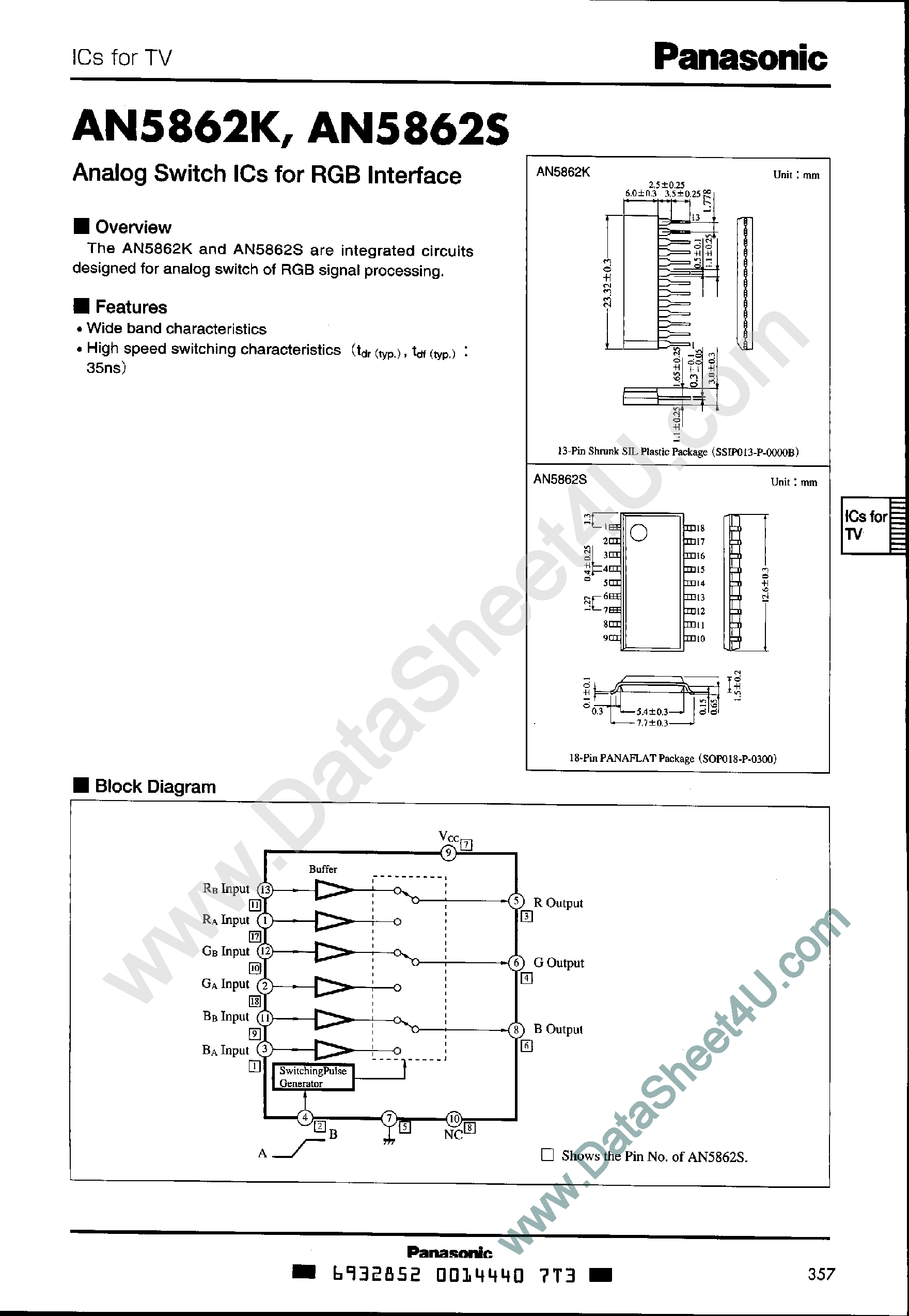 Даташит на микросхему AN5862K страница 1 Даташит AN5862K - Analog Switch IC страница 1