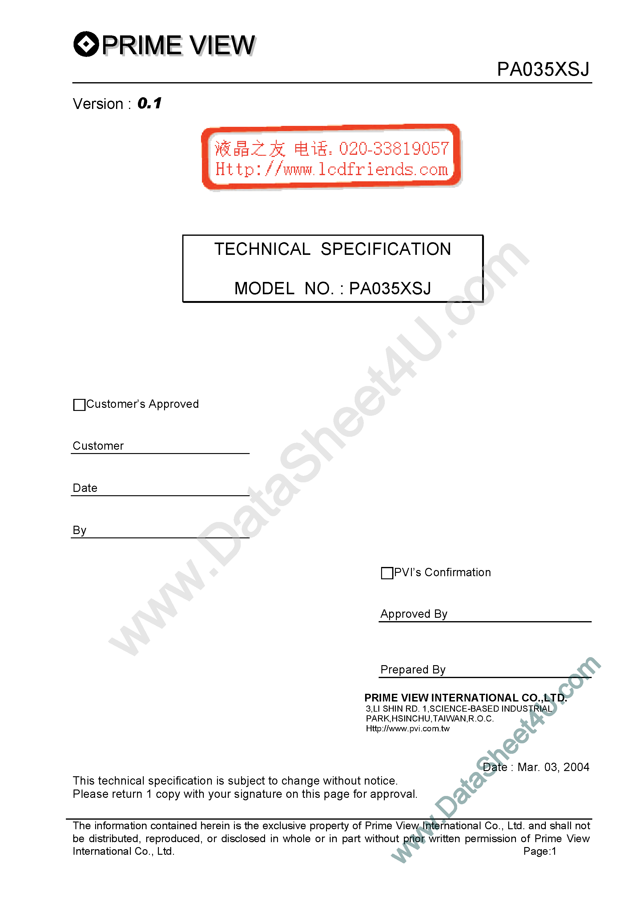 Datasheet PA035XSJ-0 - LCD_Module page 1