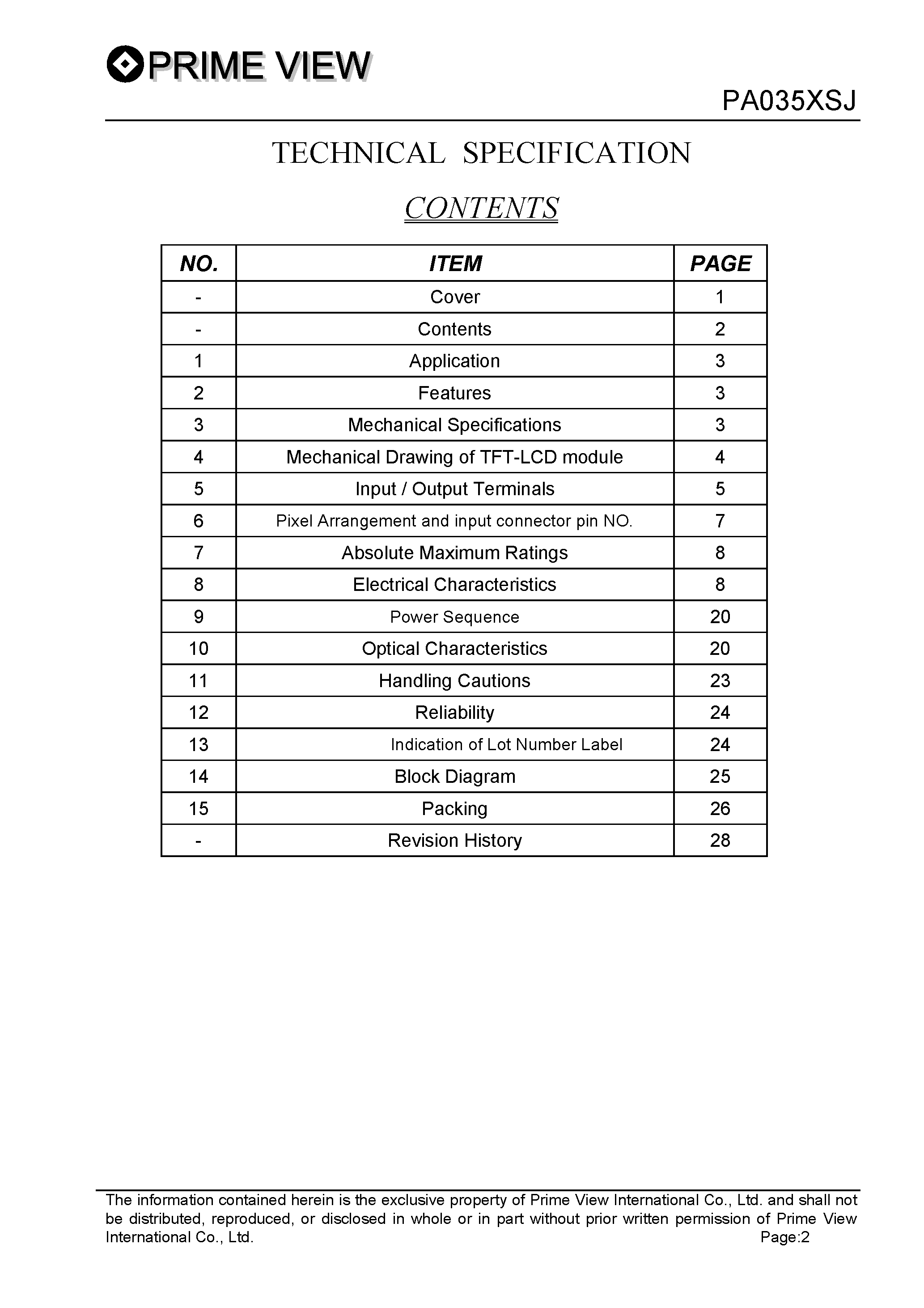 Datasheet PA035XSJ-0 - LCD_Module page 2