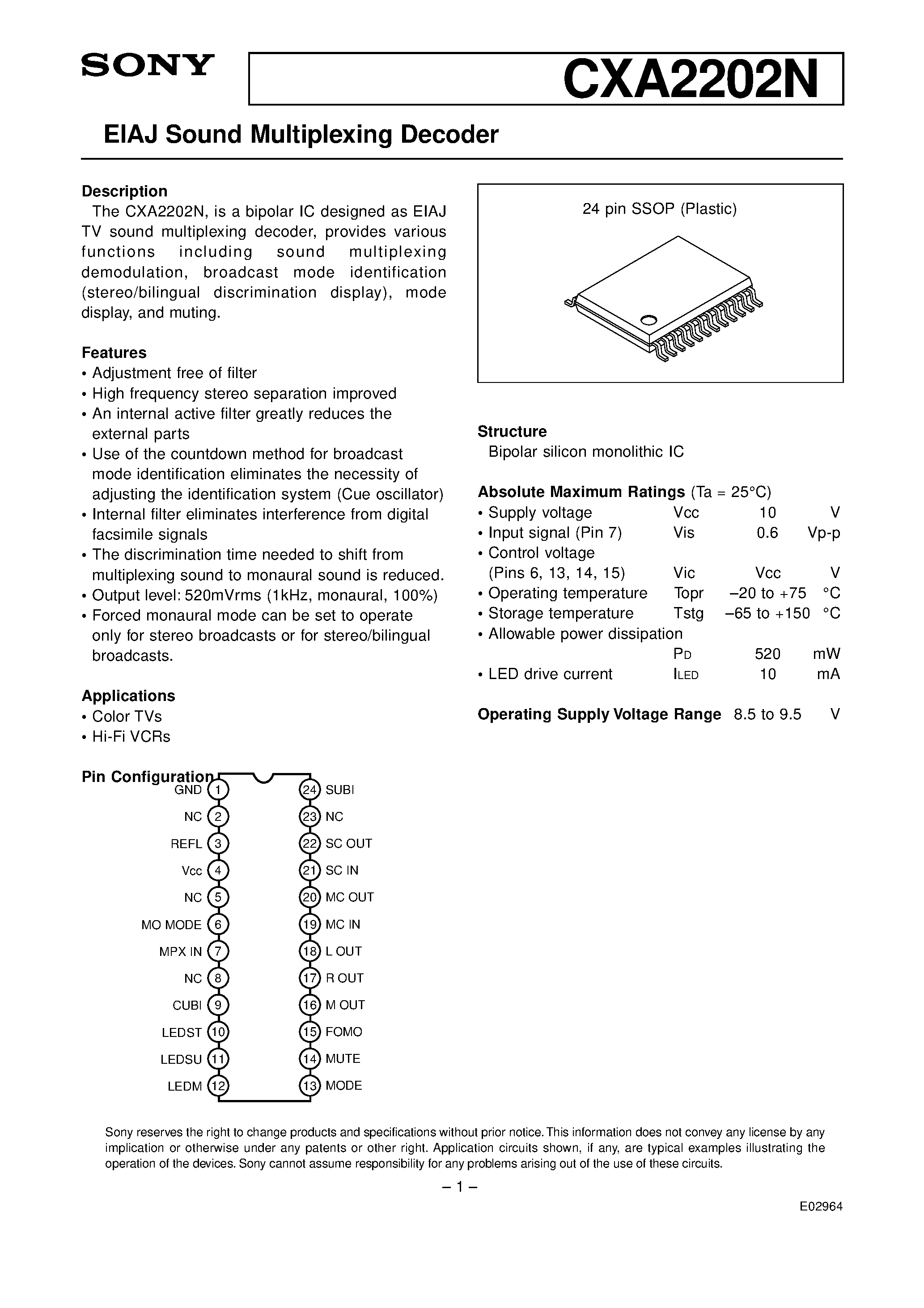 Даташит CXA2202N - EIAJ Sound Multiplexing Decoder страница 1