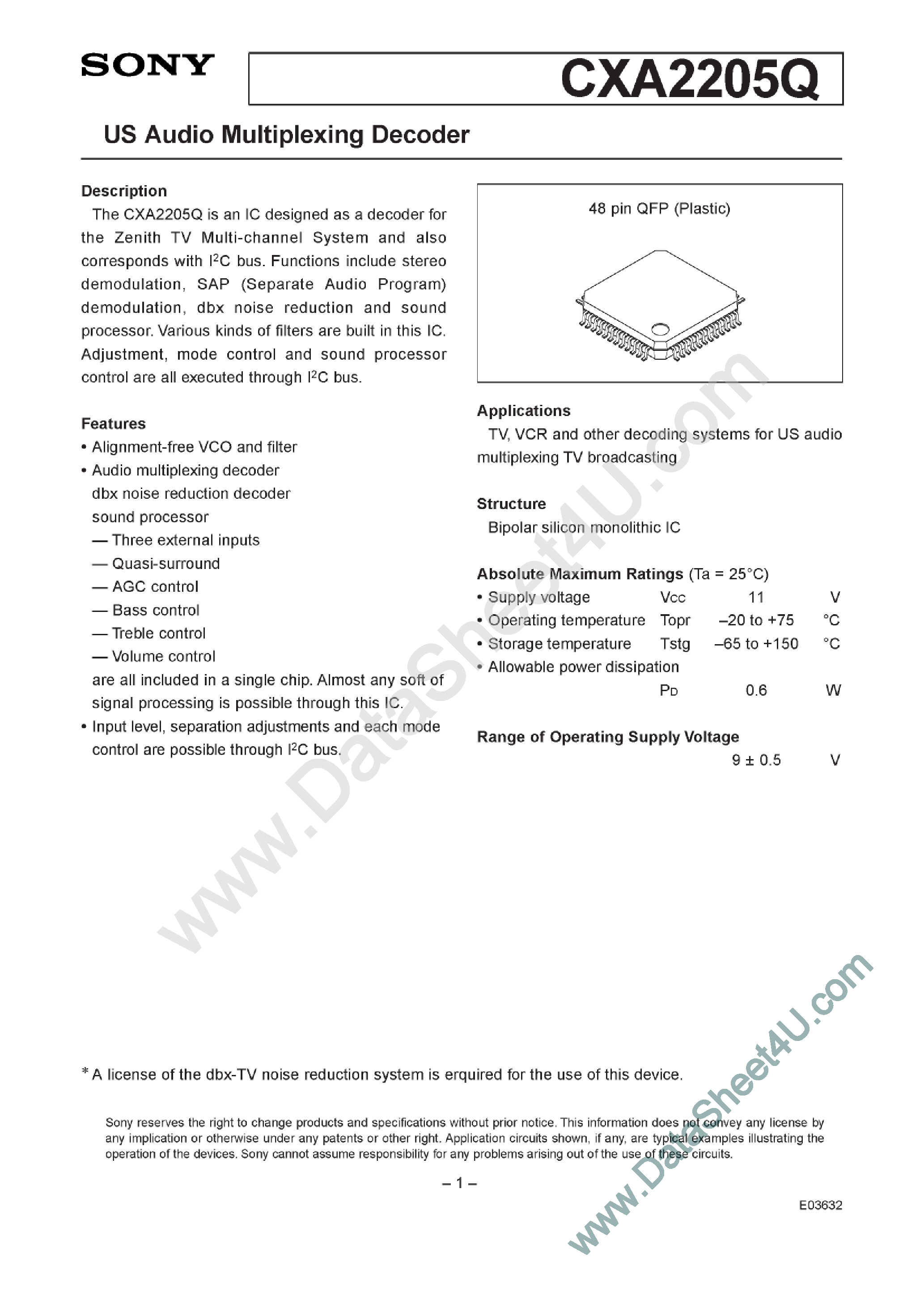 Даташит CXA2205Q - US Audio Multiplexing Decoder страница 1