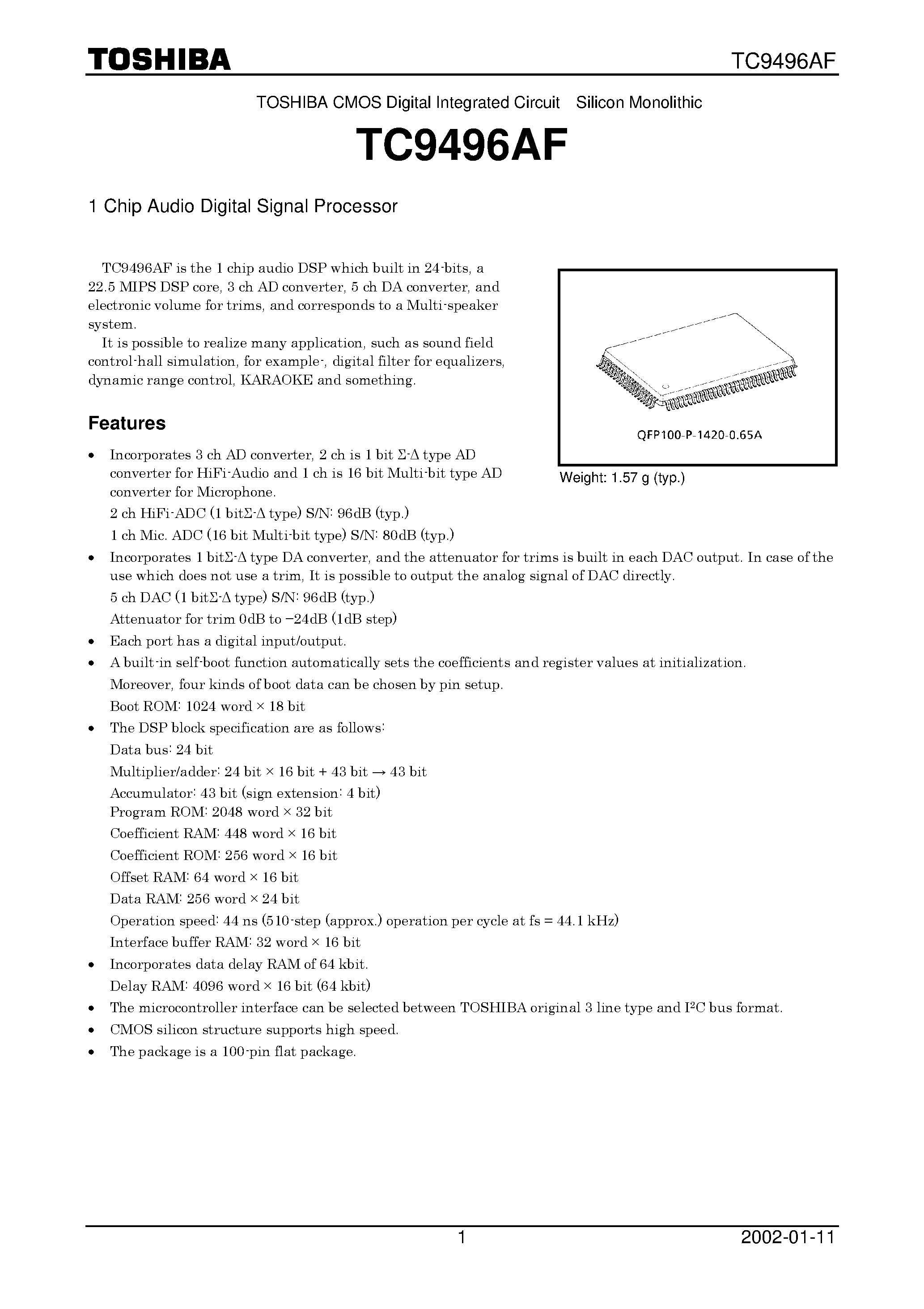 Datasheet TC9496AF - 1 Chip Audio Digital Signal Processor page 1