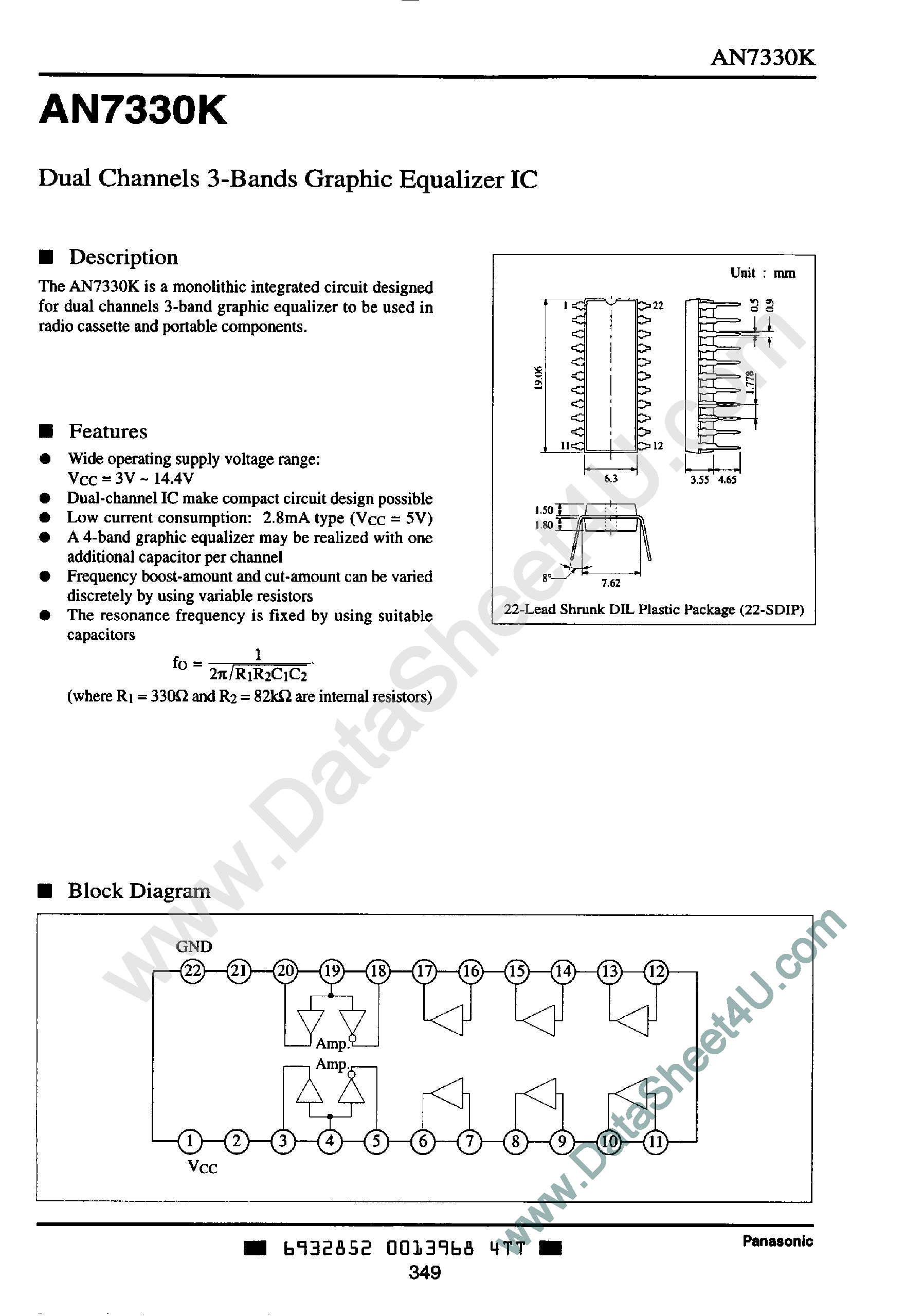 Datasheet AN7330K page 1 Datasheet AN7330K - Dual Channels 3-Bands Graphic Equalizer IC page 1