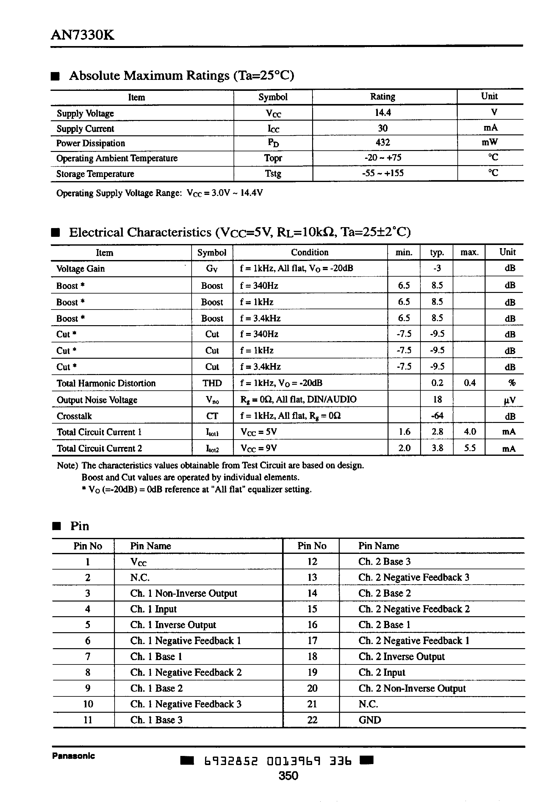 Datasheet AN7330K page 2 Datasheet AN7330K - Dual Channels 3-Bands Graphic Equalizer IC page 2