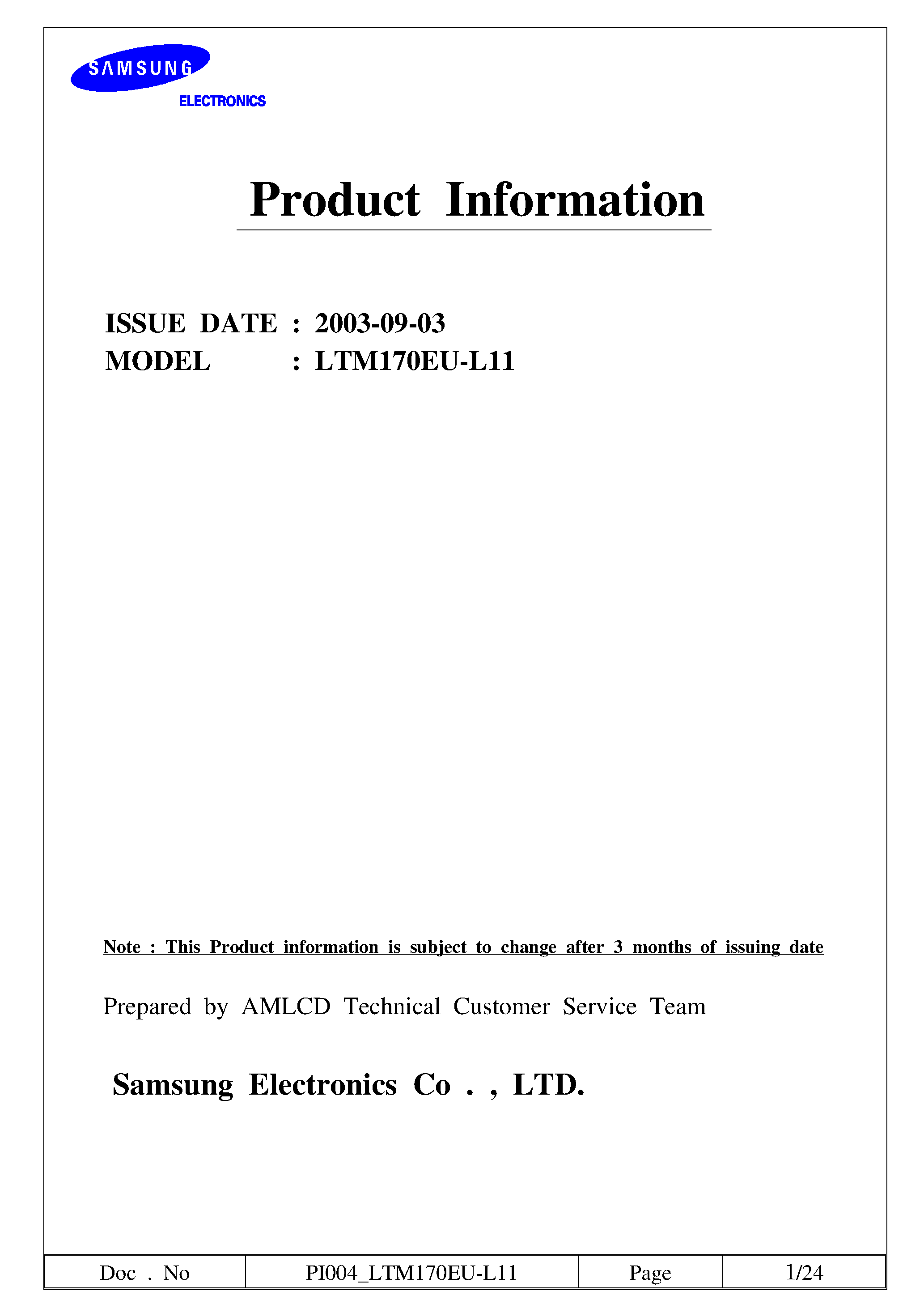 Даташит LTM170EU-L11 - Color Active Matrix TFT Liquid crystal display страница 1