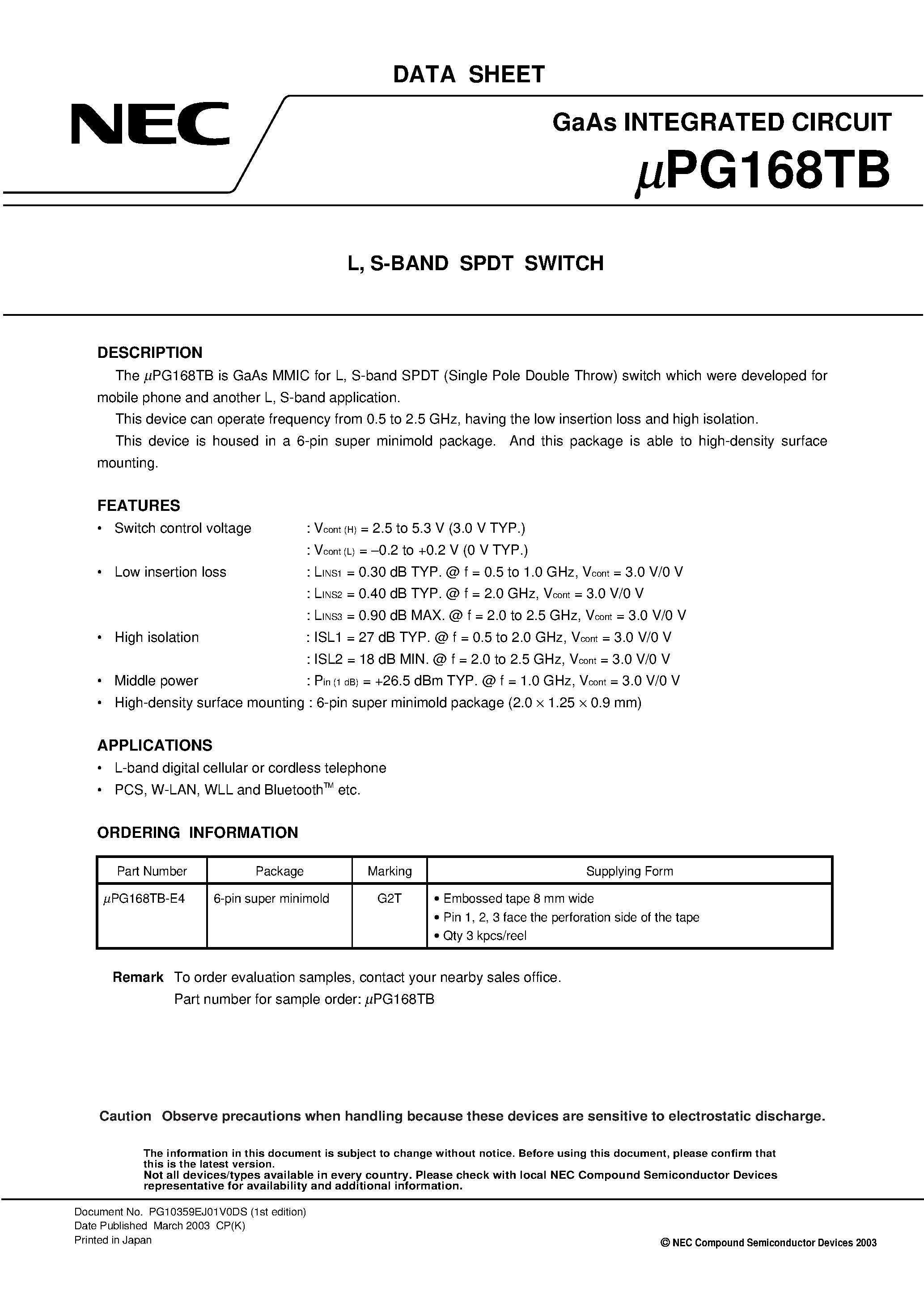 Datasheet UPG168TB page 1 Datasheet UPG168TB - L / S-BAND SPDT SWITCH page 1