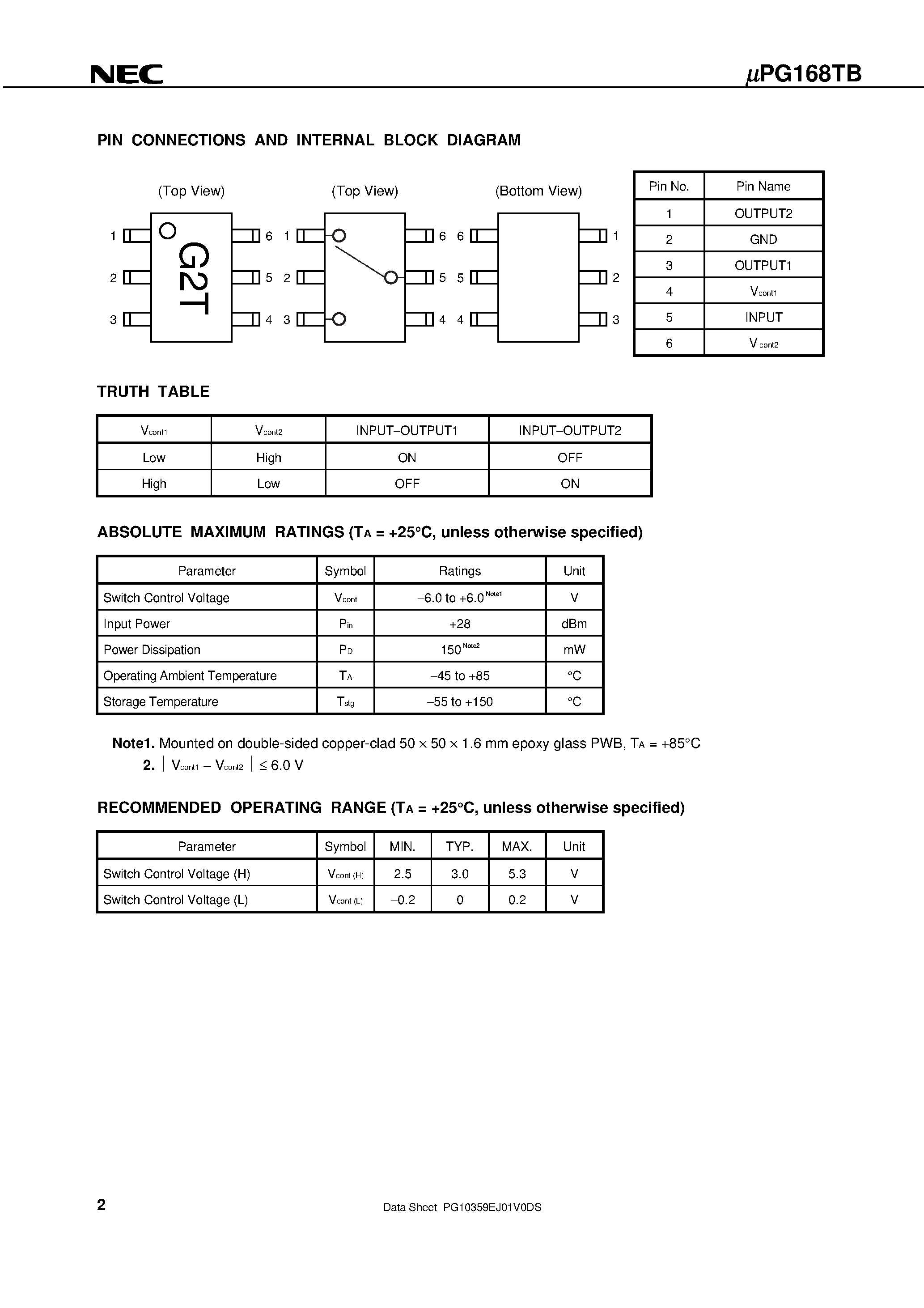 Datasheet UPG168TB page 2 Datasheet UPG168TB - L / S-BAND SPDT SWITCH page 2