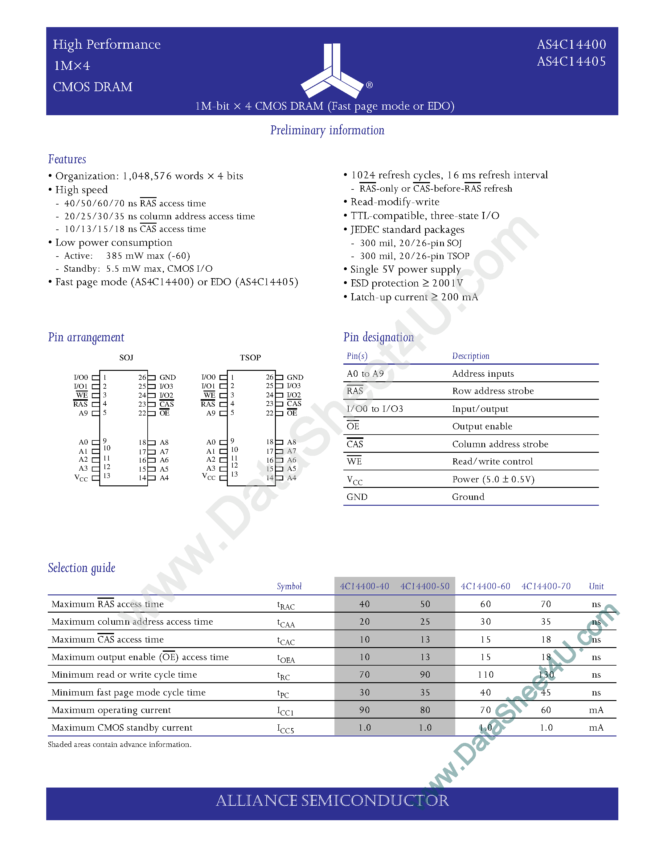Datasheet AS4C14400 - (AS4C14400 / AS4C14405) 1M-bit x 4 CMOS DRAM (Fast page mode or EDO) page 1