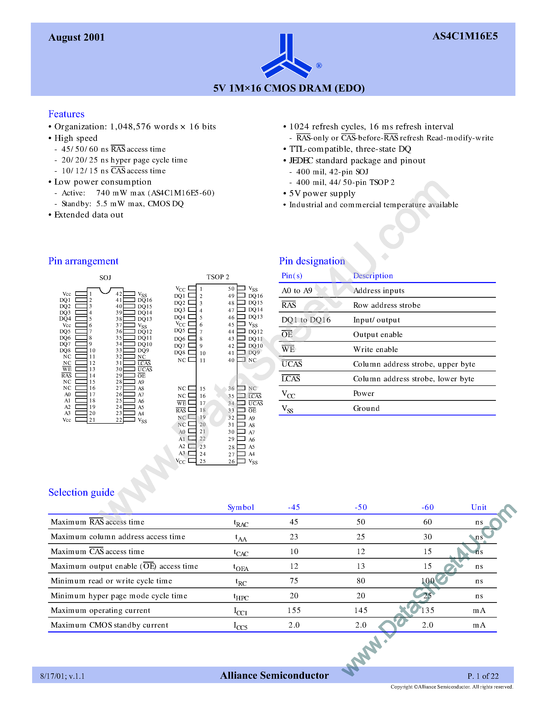 Даташит AS4C1M16E5 - 5V 1M x 16 CMOS DRAM страница 1