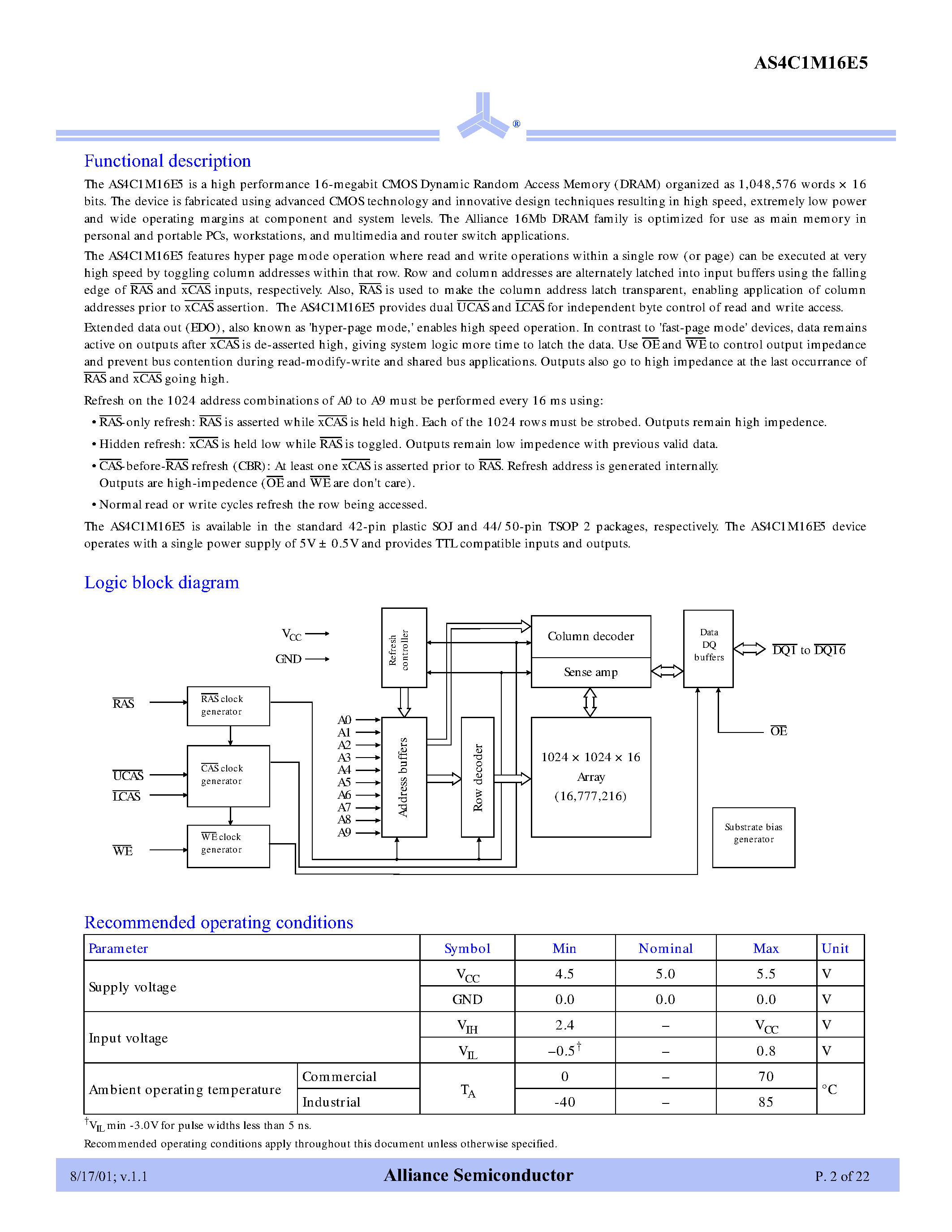Даташит AS4C1M16E5 - 5V 1M x 16 CMOS DRAM страница 2