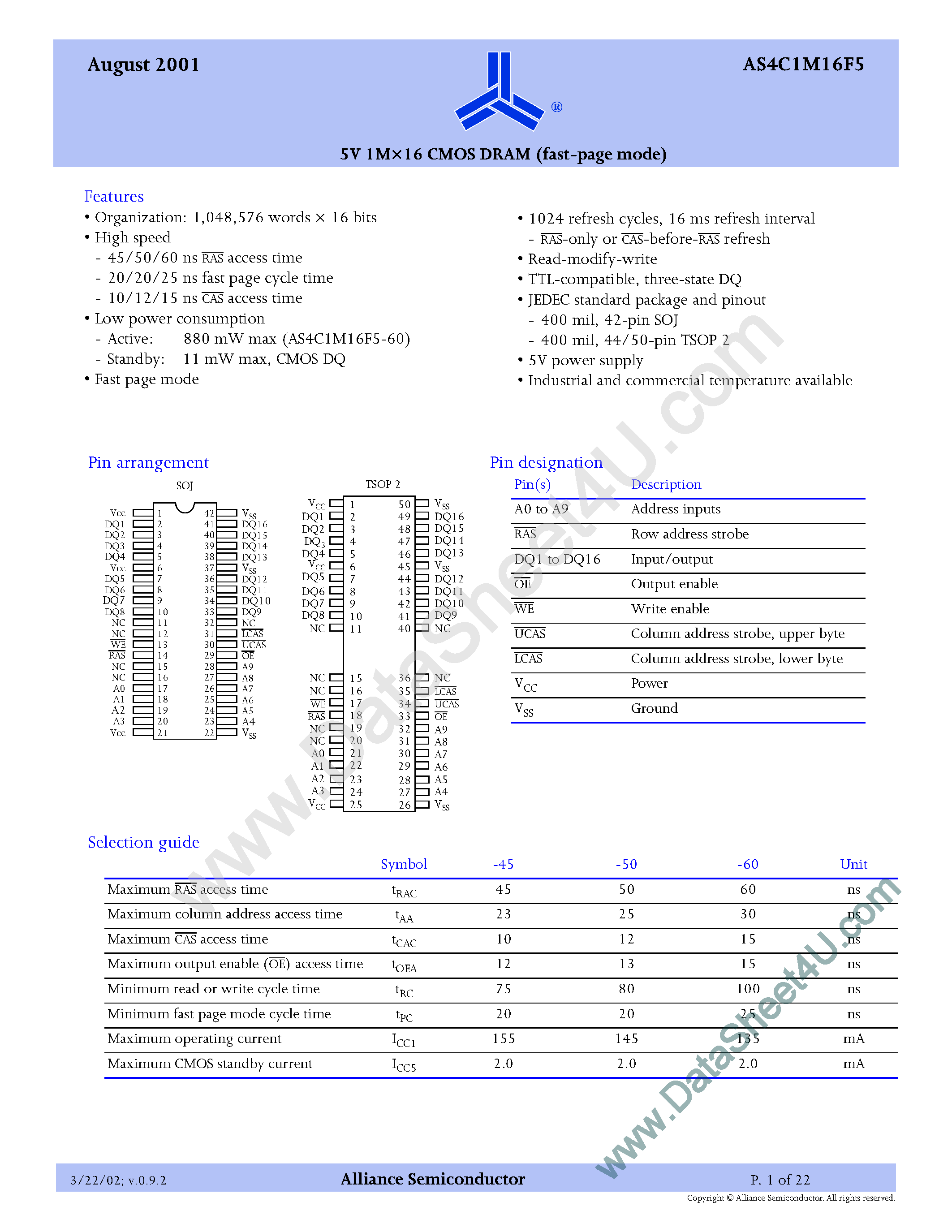 Даташит AS4C1M16F5 - 5V 1M x 16 CMOS DRAM страница 1