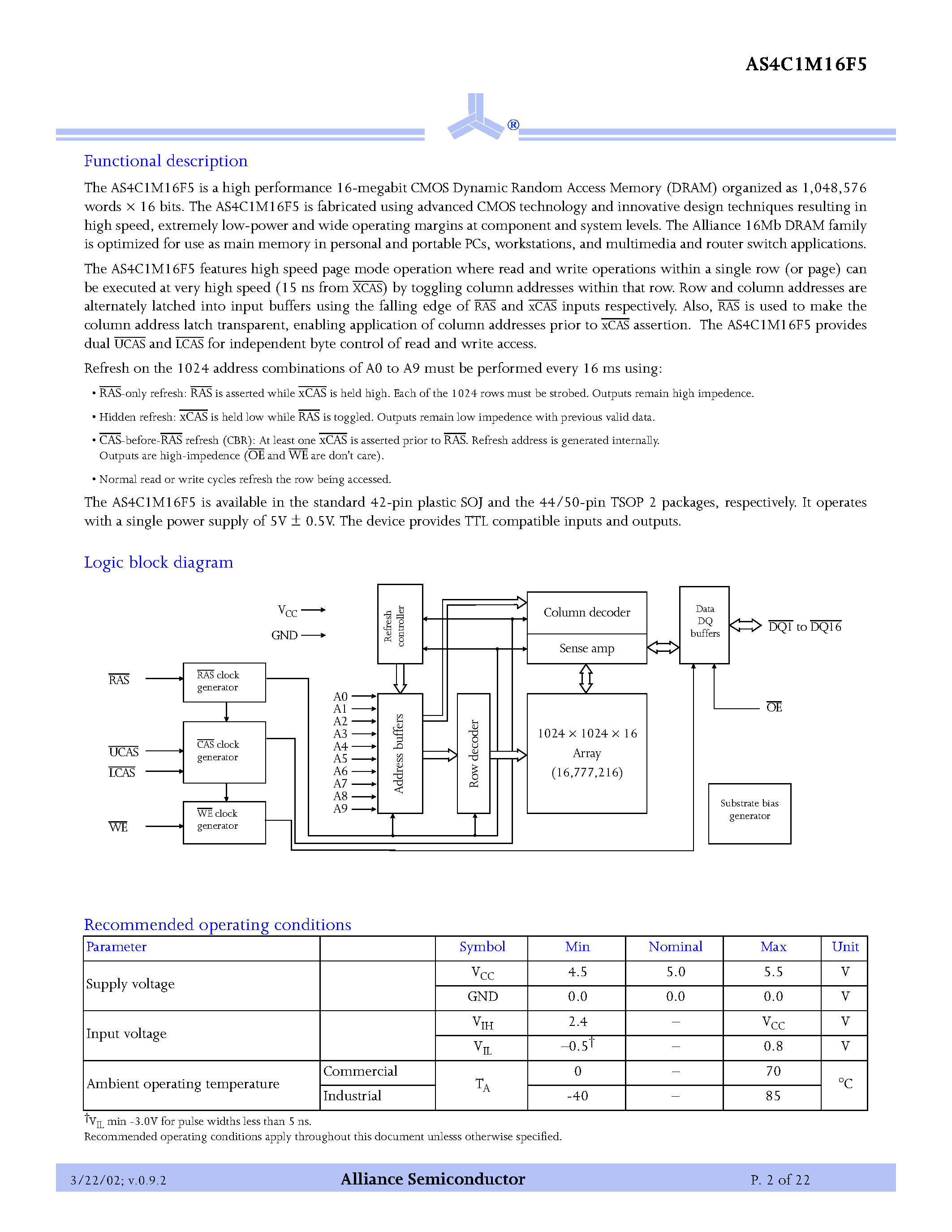Даташит AS4C1M16F5 - 5V 1M x 16 CMOS DRAM страница 2