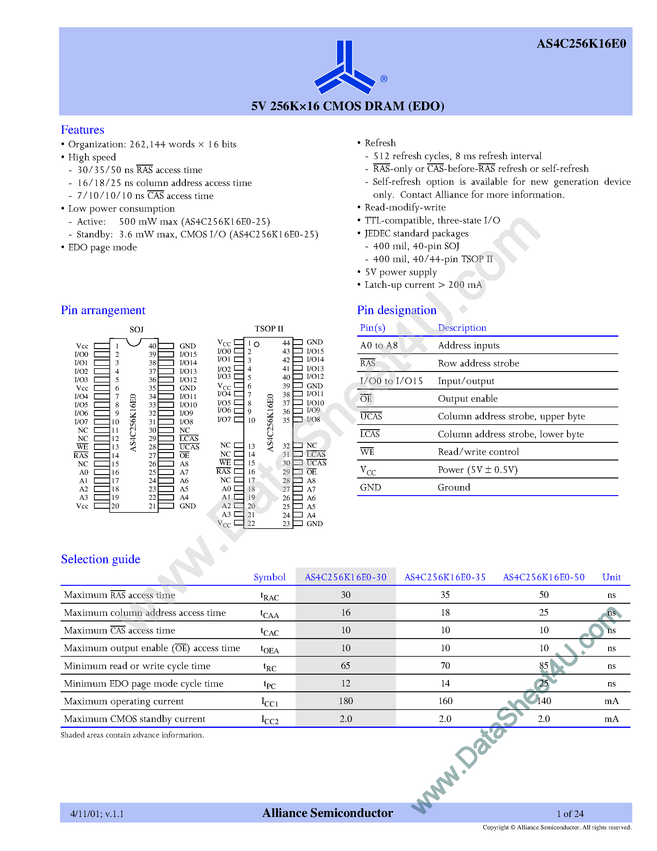 Даташит на микросхему AS4C256K16E0 страница 1 Даташит AS4C256K16E0 - 5V 256K x 16 CMOS DRAM страница 1