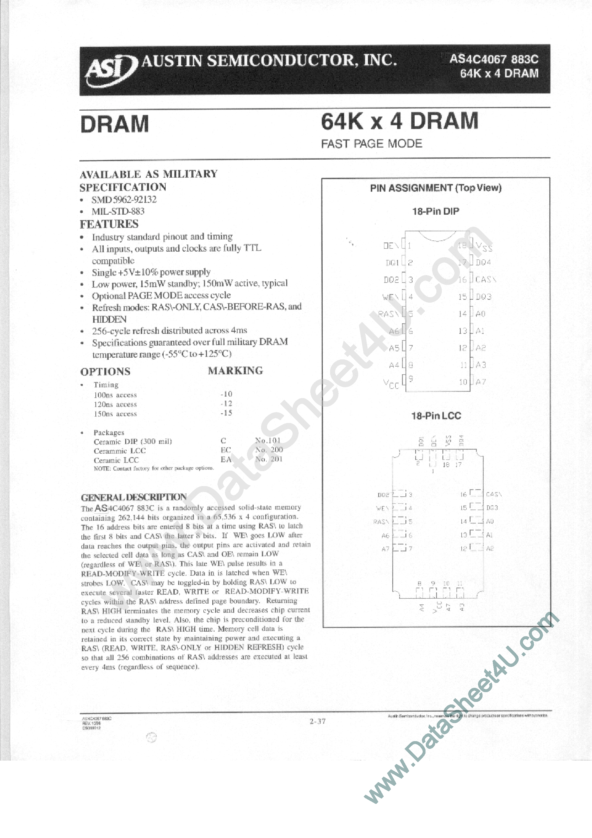 Datasheet AS4C4067 page 1 Datasheet AS4C4067 - 64K x 4 DRAM page 1