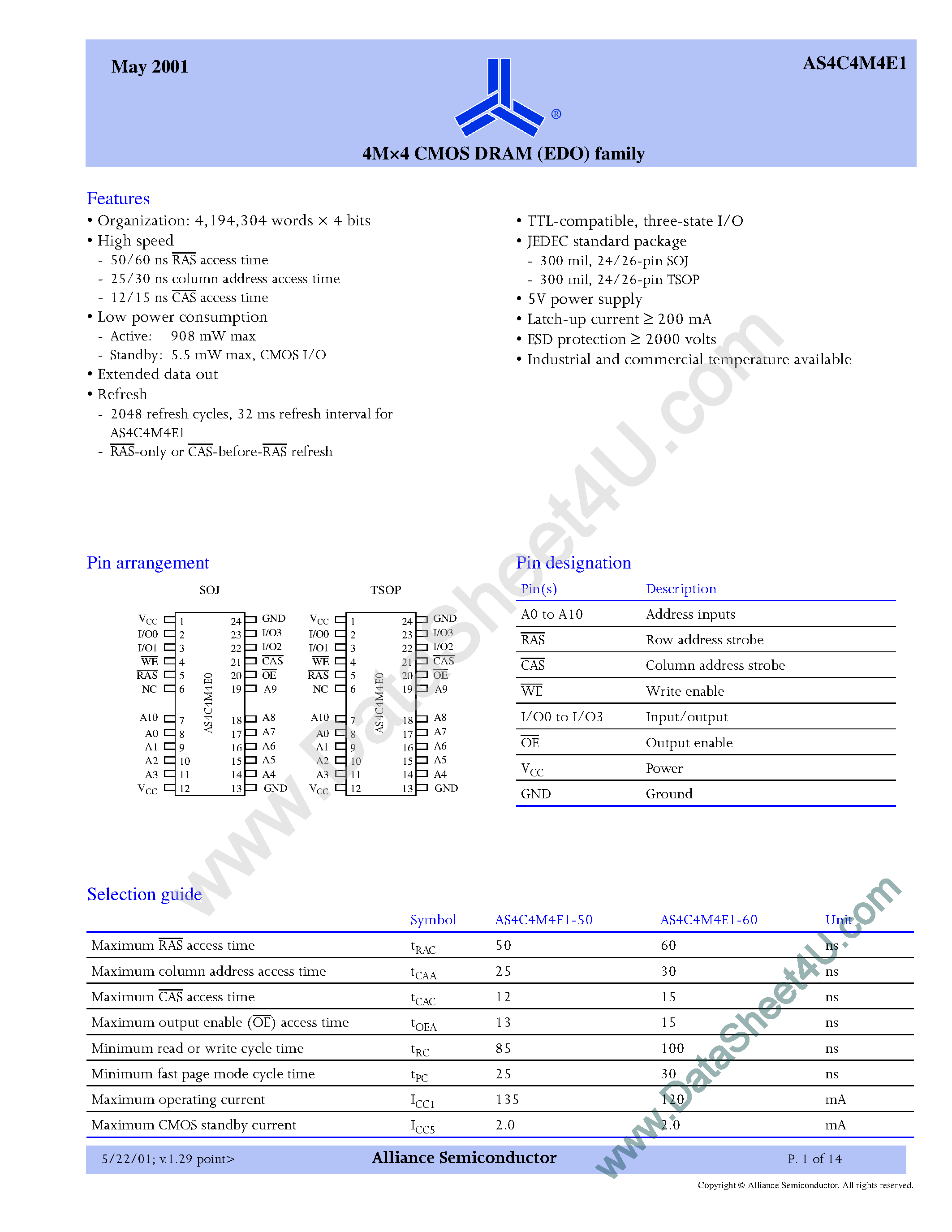 Datasheet AS4C4M4E1 - 4M x 4 CMOS DRAM page 1