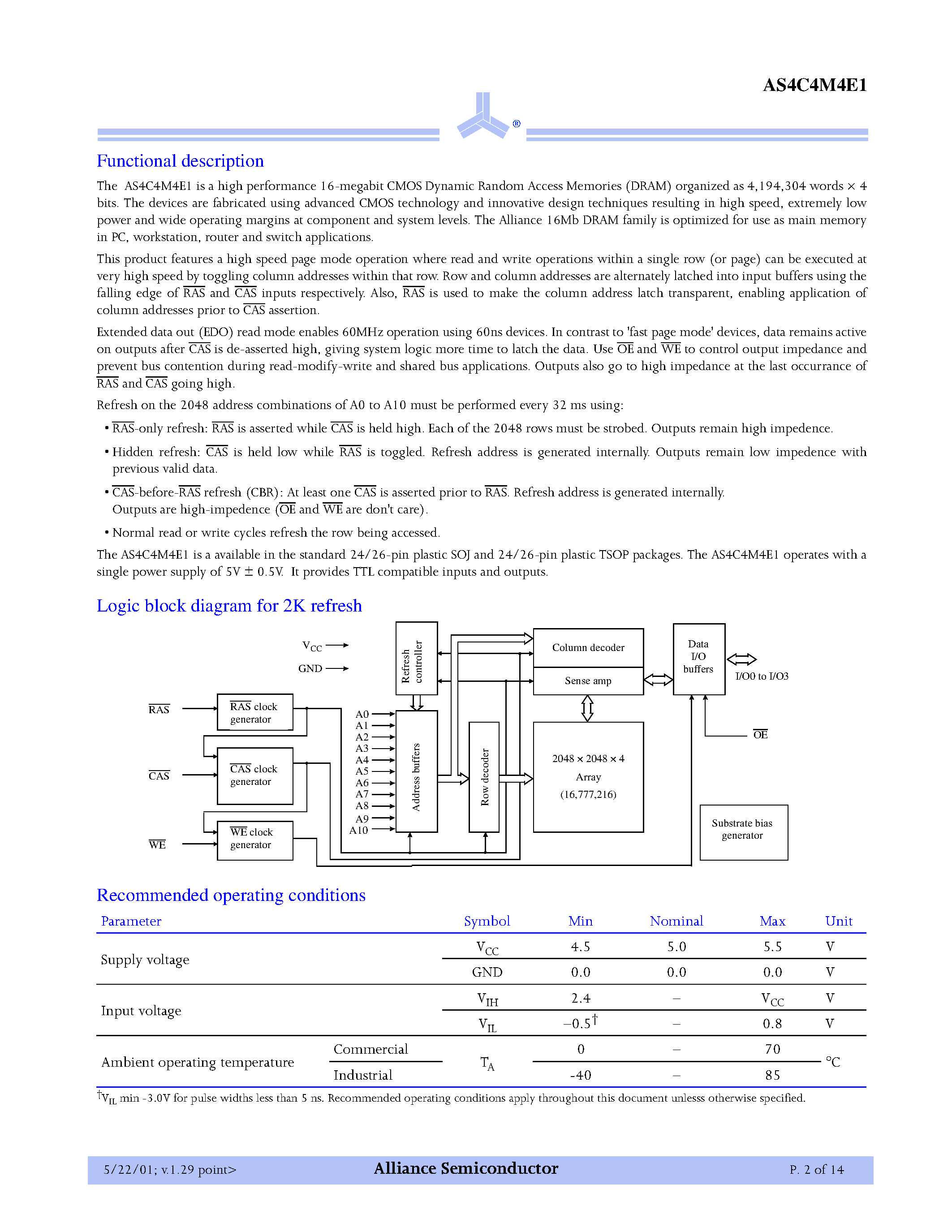 Datasheet AS4C4M4E1 - 4M x 4 CMOS DRAM page 2
