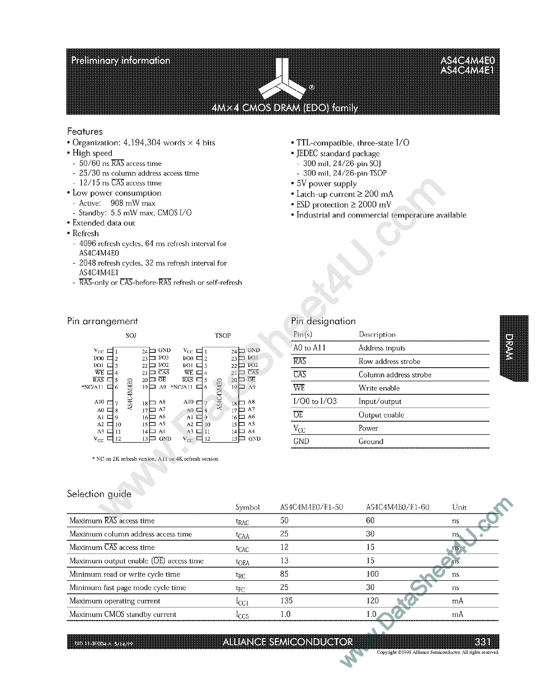 Datasheet AS4C4M4E0 - 4M x 4 CMOS DRAM page 1