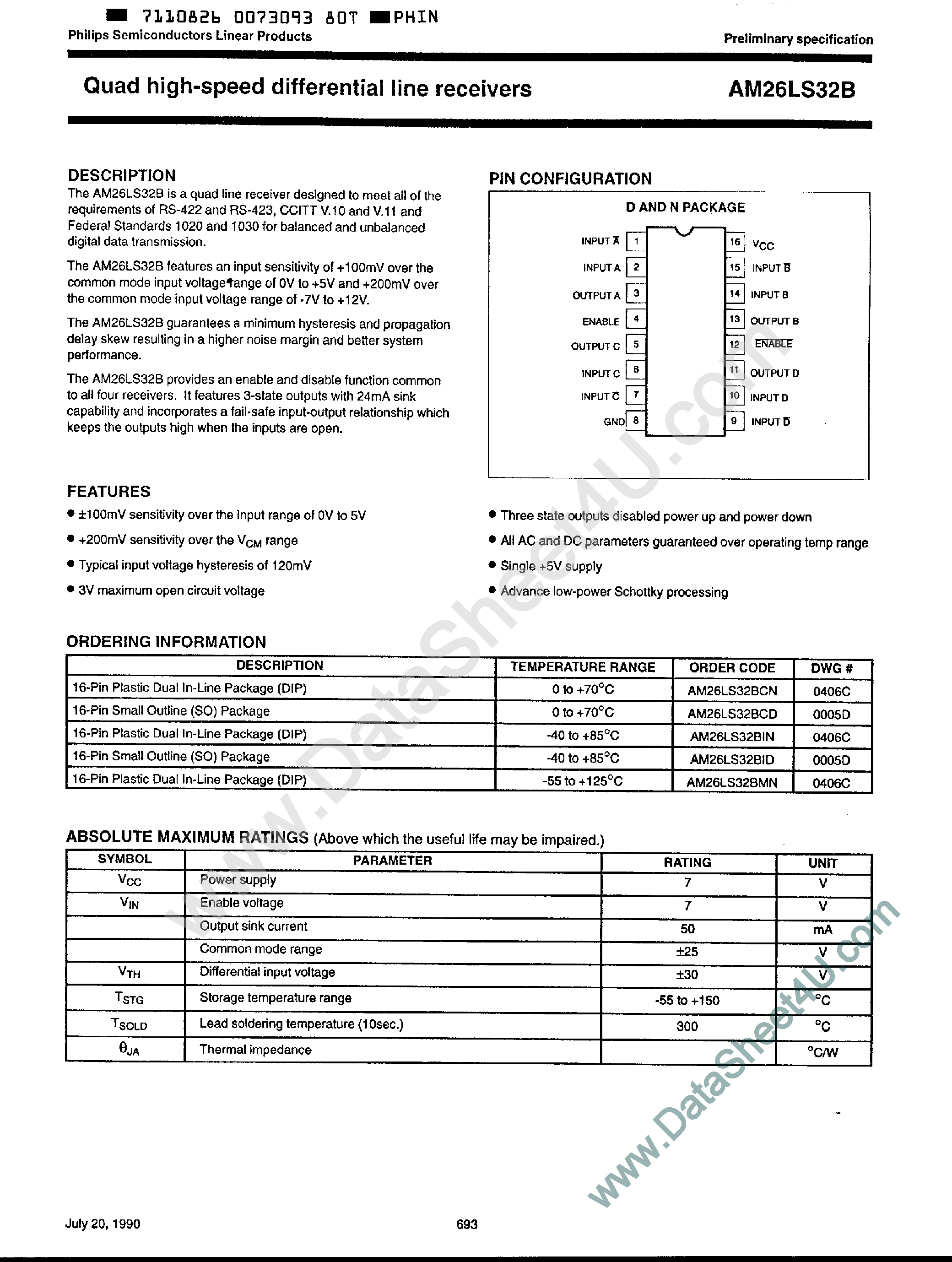 Datasheet AM26LS32B - Quad High Speed Differential Line Receivers page 1