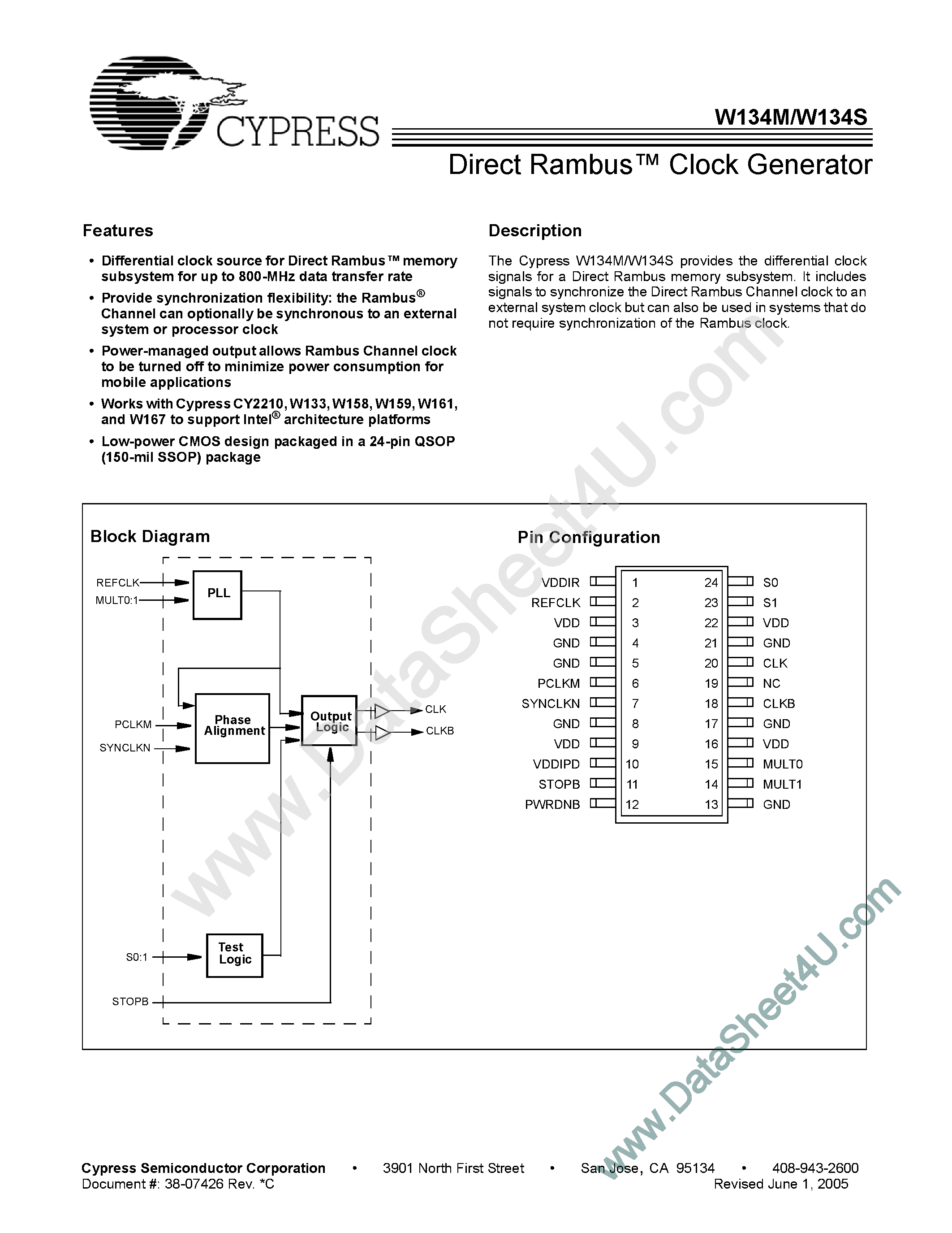 Даташит на микросхему W134M страница 1 Даташит W134M - (W134M/S) Direct Rambus Clock Generator страница 1