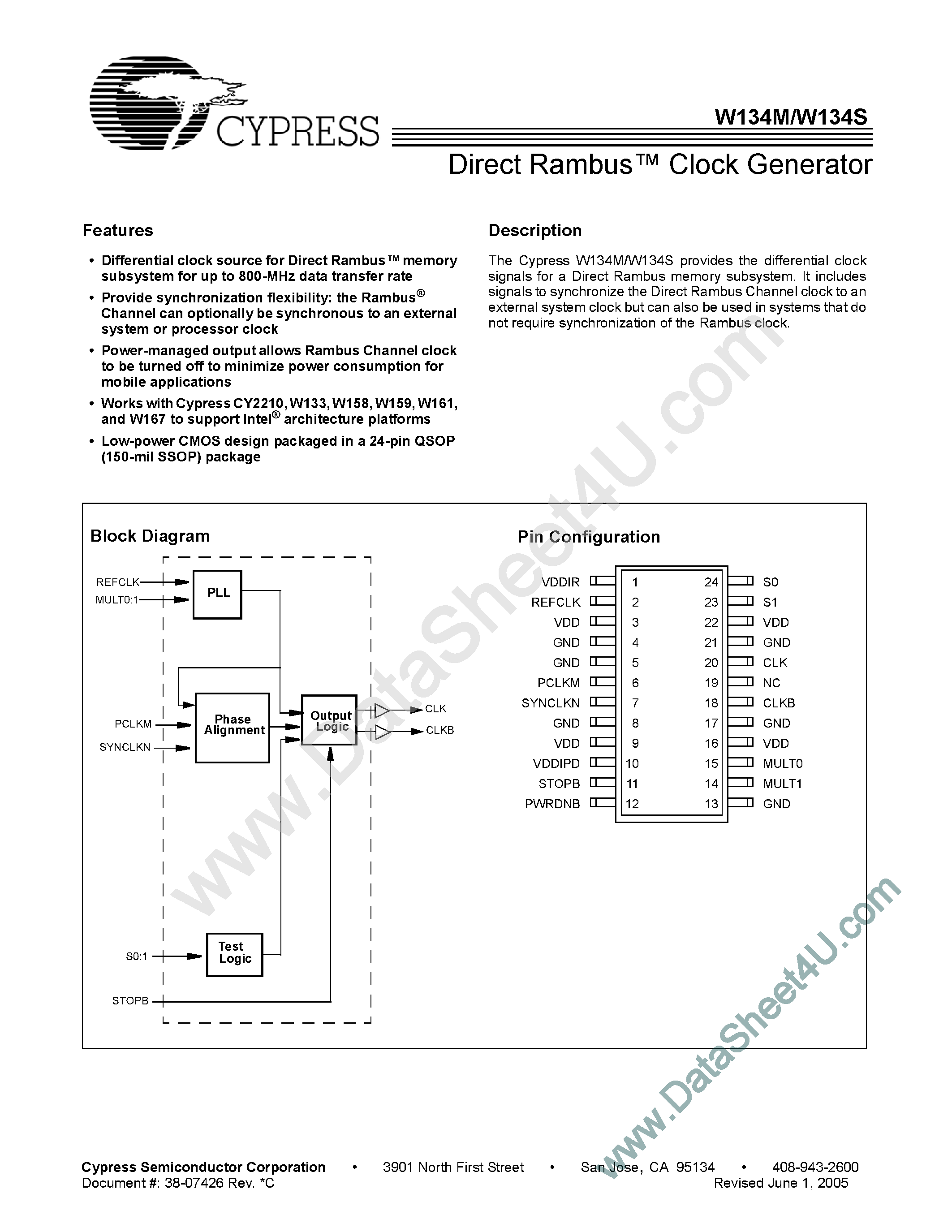 Даташит W134M - (W134M/S) Direct Rambus Clock Generator страница 1
