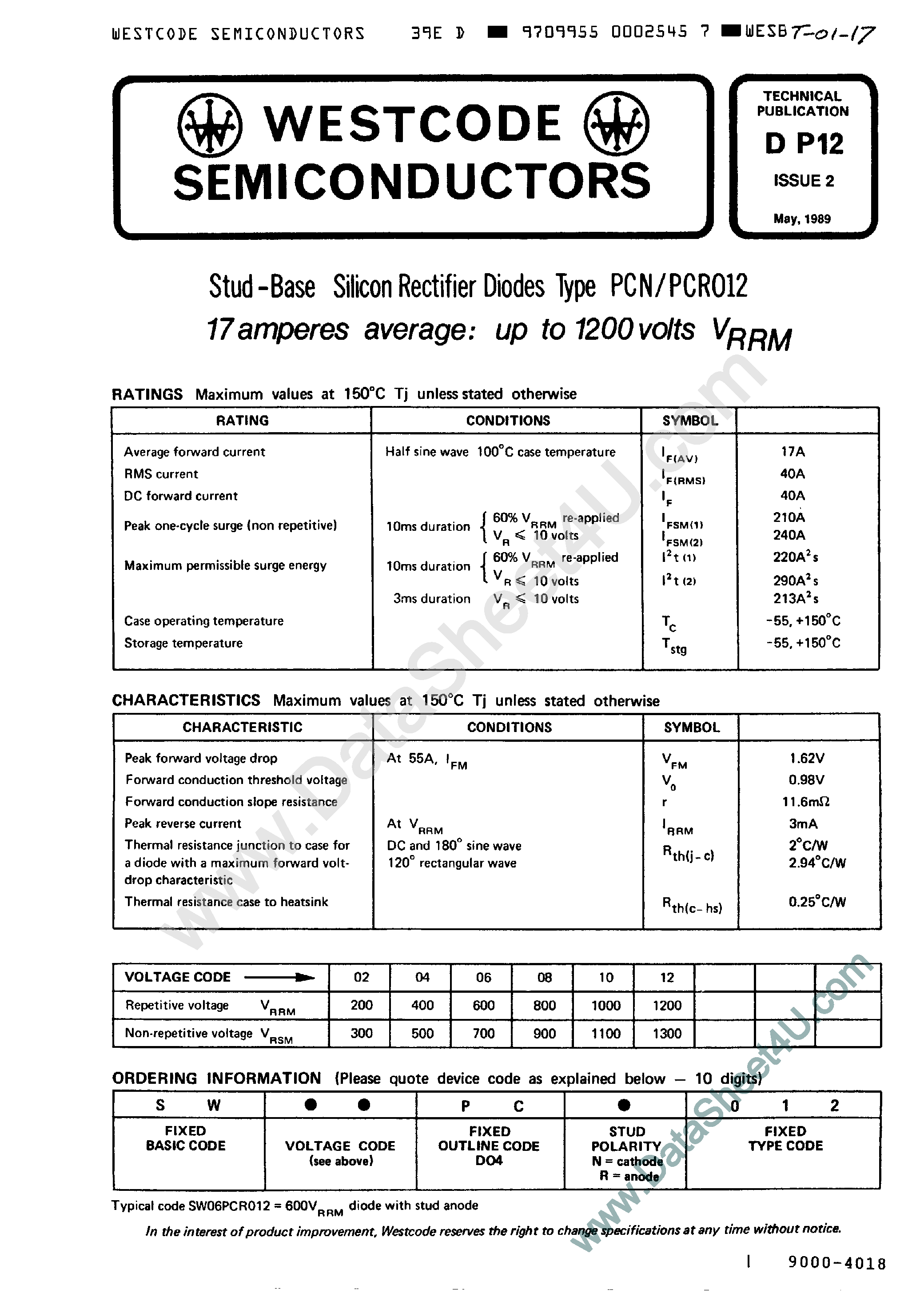 Datasheet SW10PCN0xx page 1 Datasheet SW10PCN0xx - (SW10PCR0xx) RECTIFIER DIODE page 1