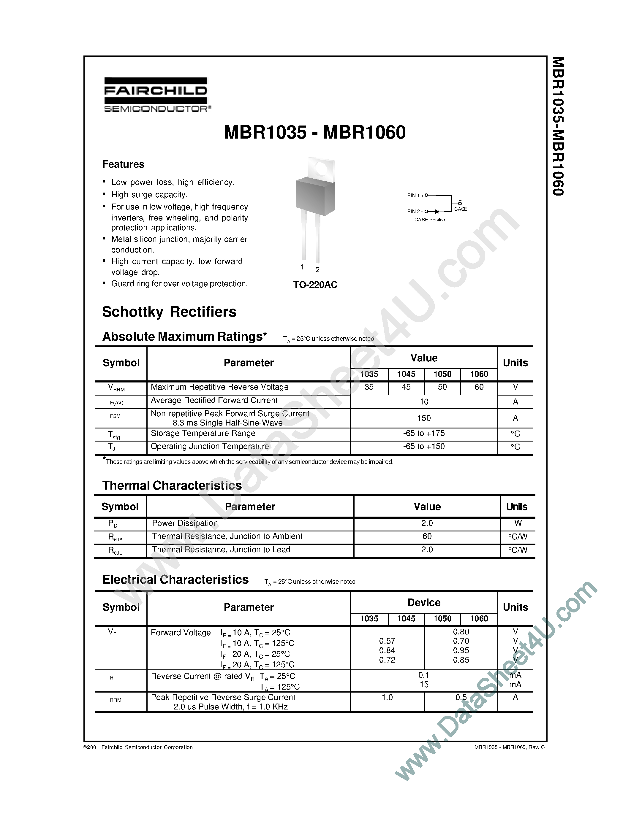 Datasheet MBR1035 page 1 Datasheet MBR1035 - (MBR1035 - MBR1060) Rectifiers page 1
