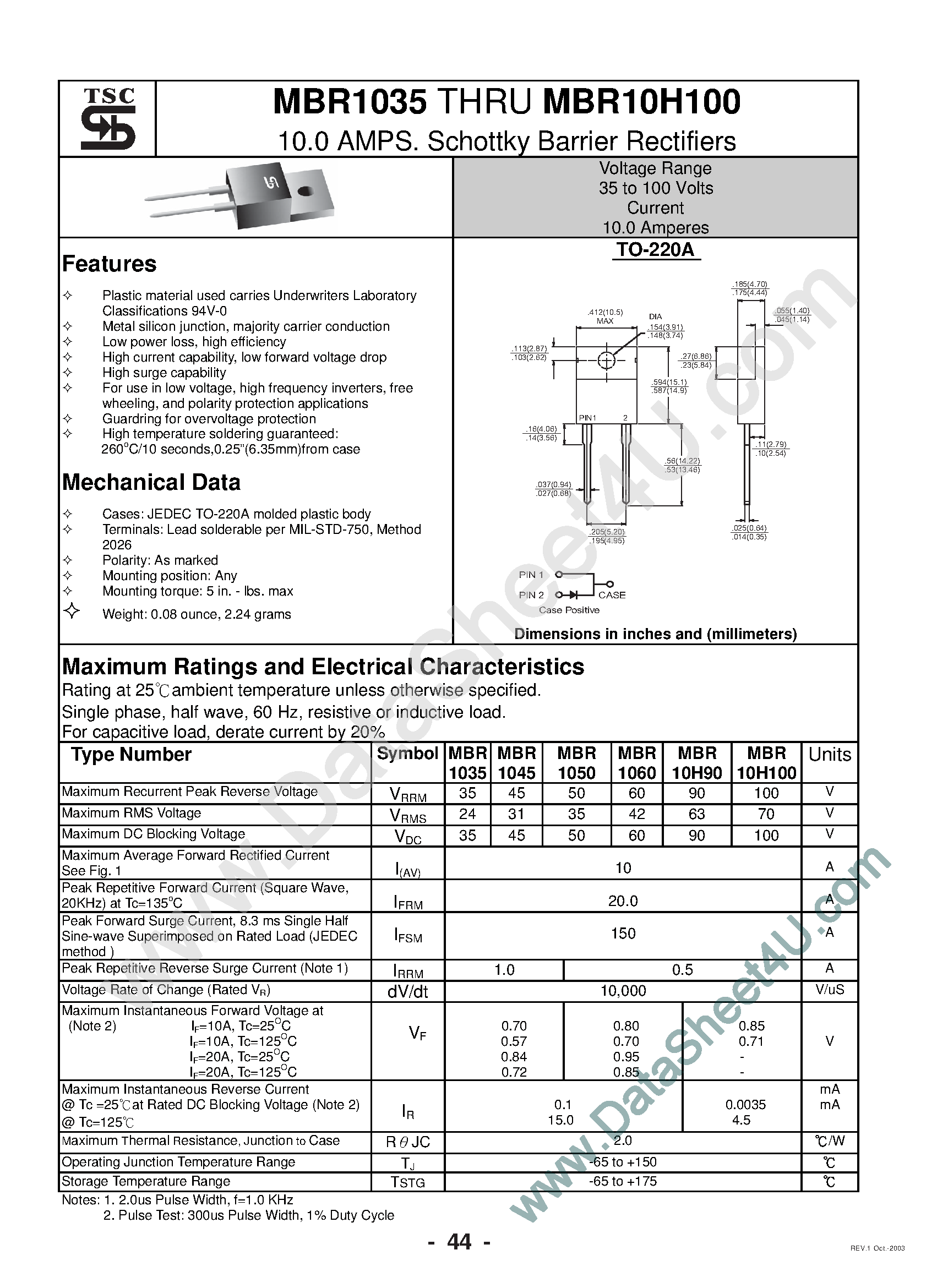 Datasheet MBR1035 page 1 Datasheet MBR1035 - (MBR1035 - MBR10H100) Rectifiers page 1