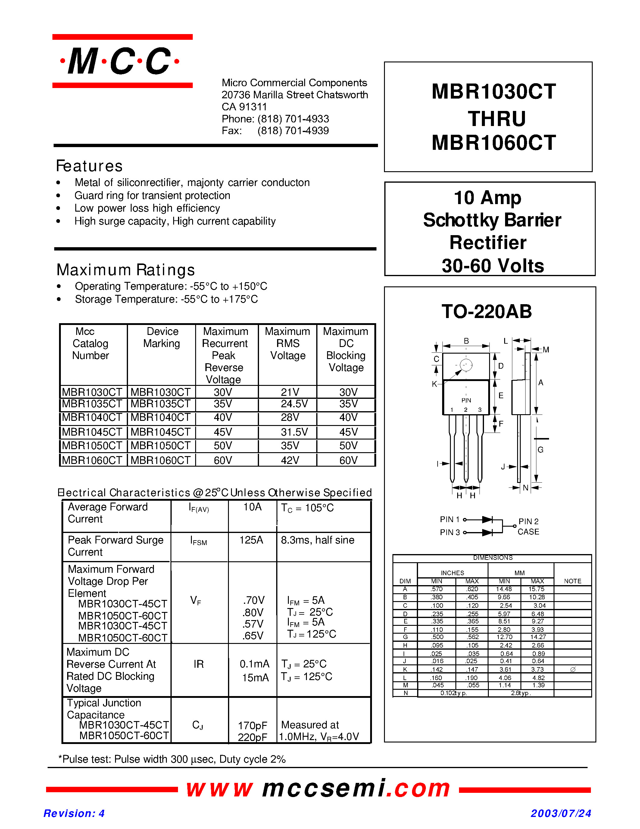 Даташит MBR1030CT - (MBR1030CT - MBR1060CT) 10 Am p Schott ky Barrier Rectifier 30-60 Volts страница 1