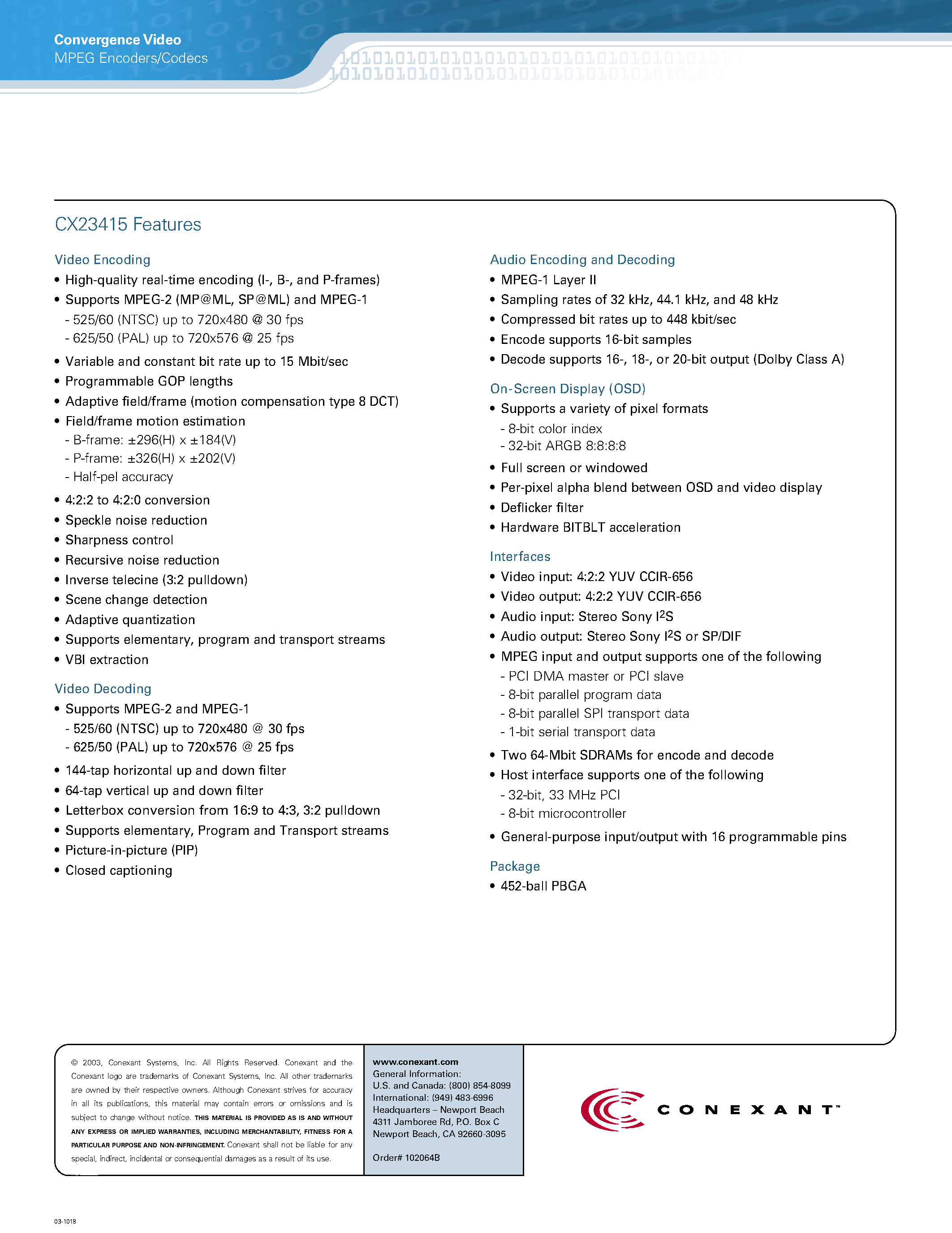 Datasheet CX23415 - MPEG-2 Codec page 2