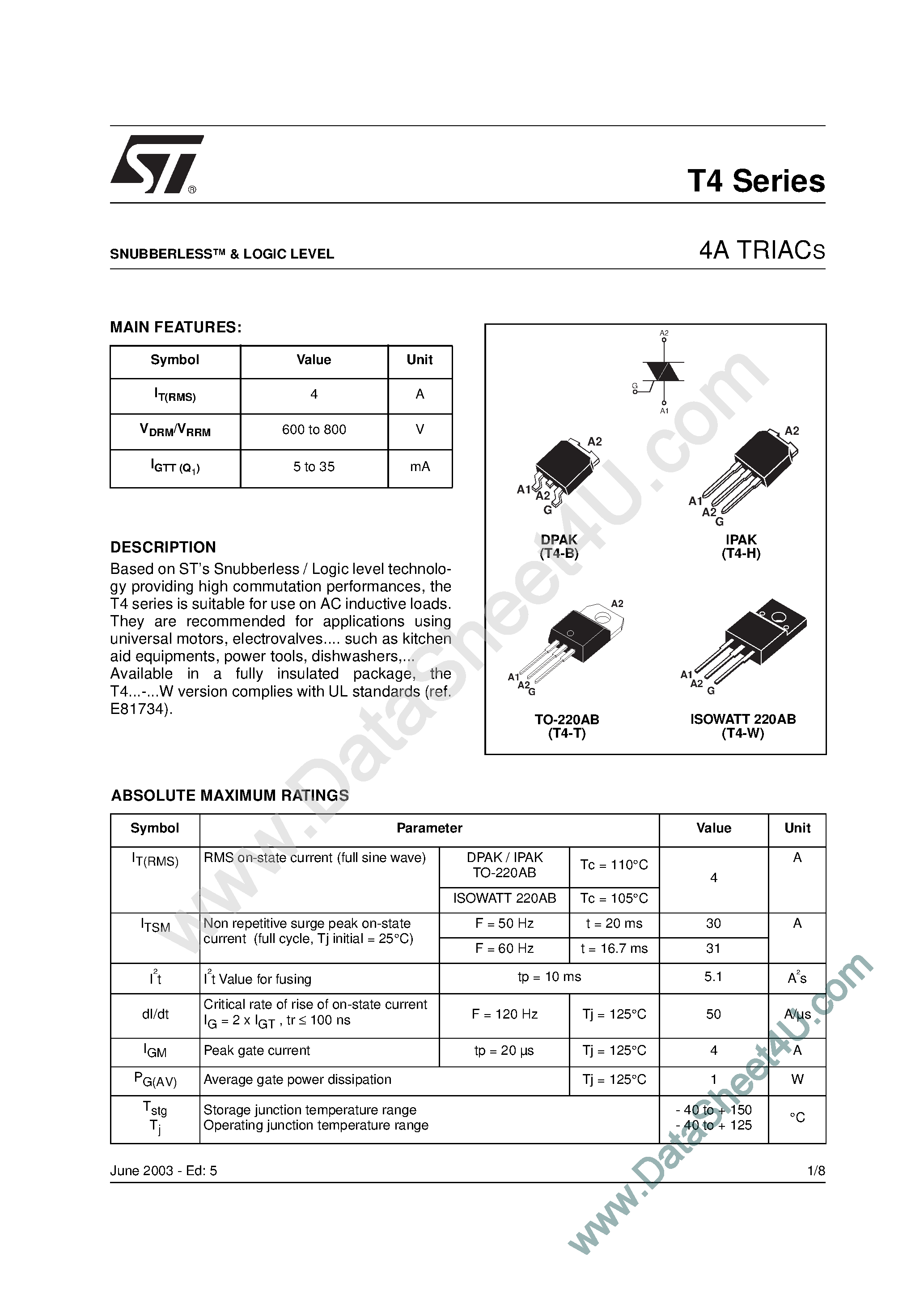 Datasheet T410-600W page 1 Datasheet T410-600W - (T410-xxxx) 4A Triacs page 1