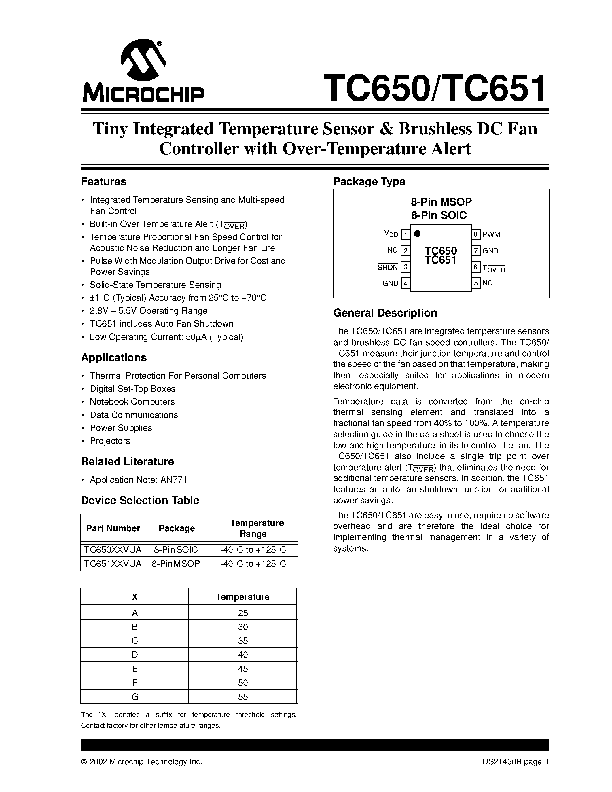 Даташит TC650 - (TC650 / TC651) Tiny Integrated Temperature Sensor & Brushless DC Fan Controller страница 1