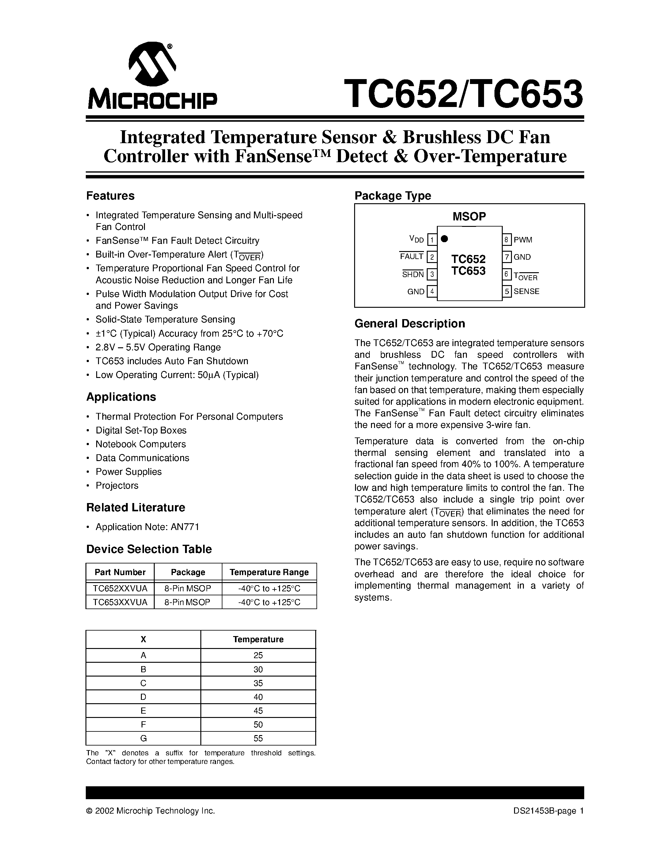 Datasheet TC652 page 1 Datasheet TC652 - (TC652 / TC653) Integrated Temperature Sensor & Brushless DC Fan Controller page 1
