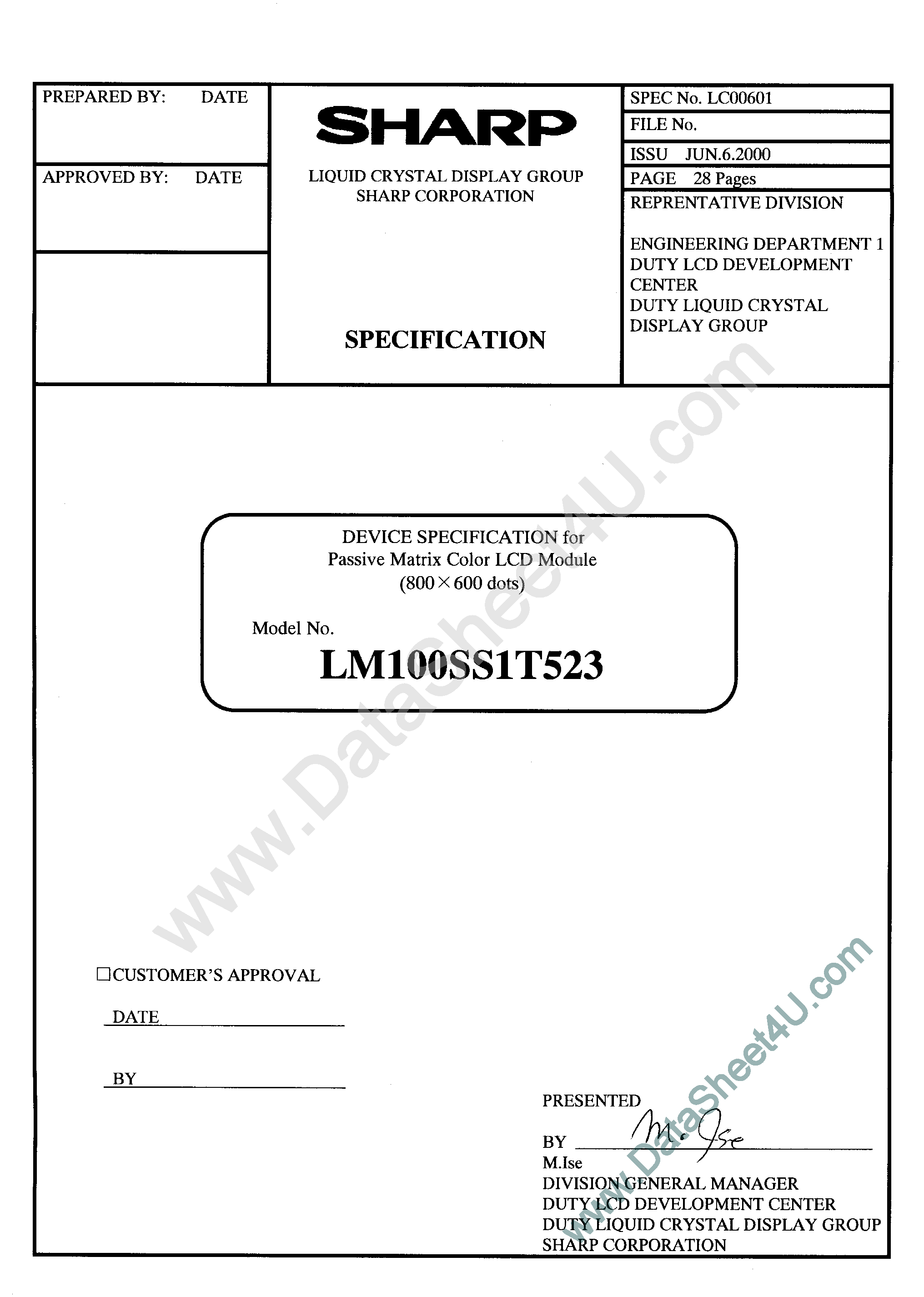Даташит на микросхему LM100SS1T523 страница 1 Даташит LM100SS1T523 - LCD Module страница 1
