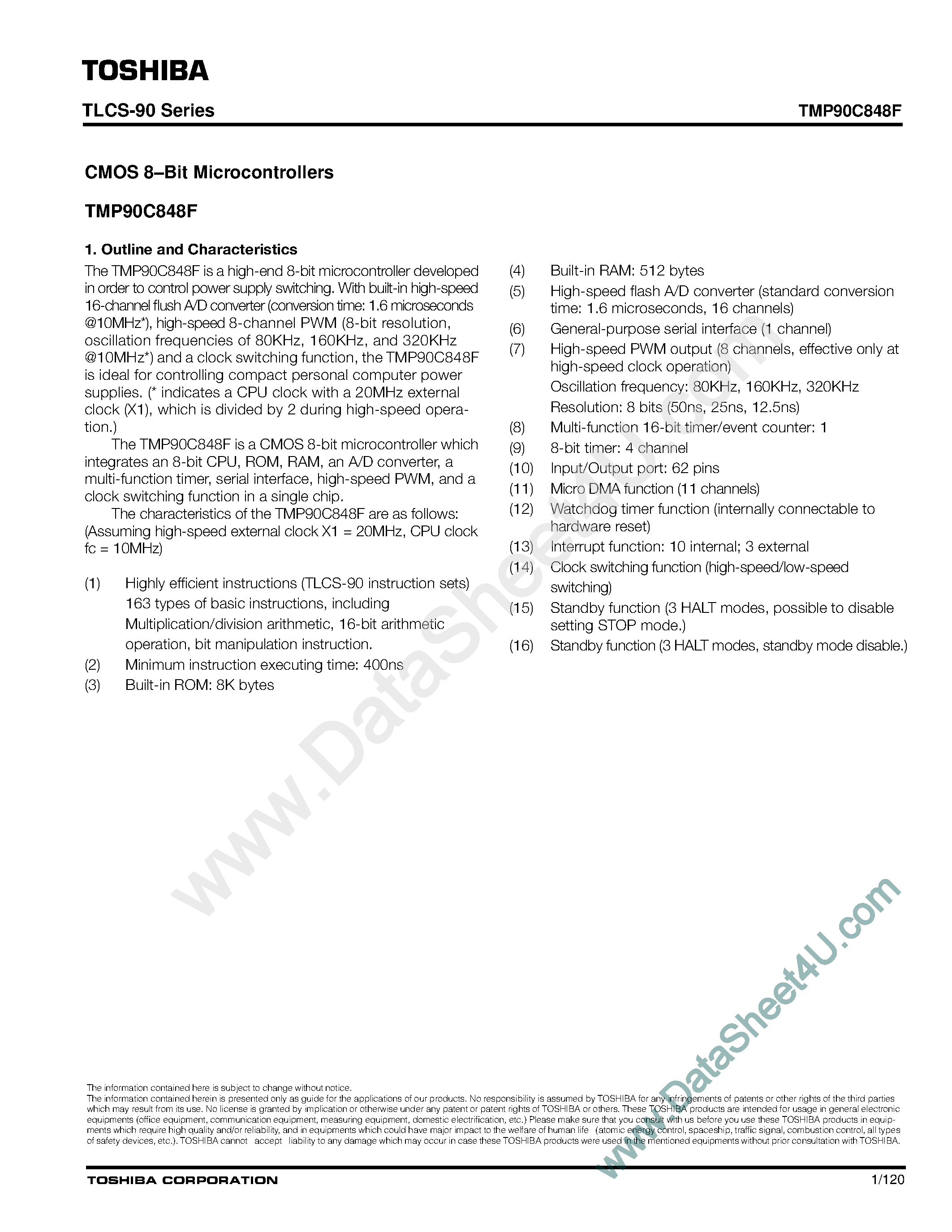 Datasheet TMP90C848F - CMOS 8-Bit Microcontrollers page 1
