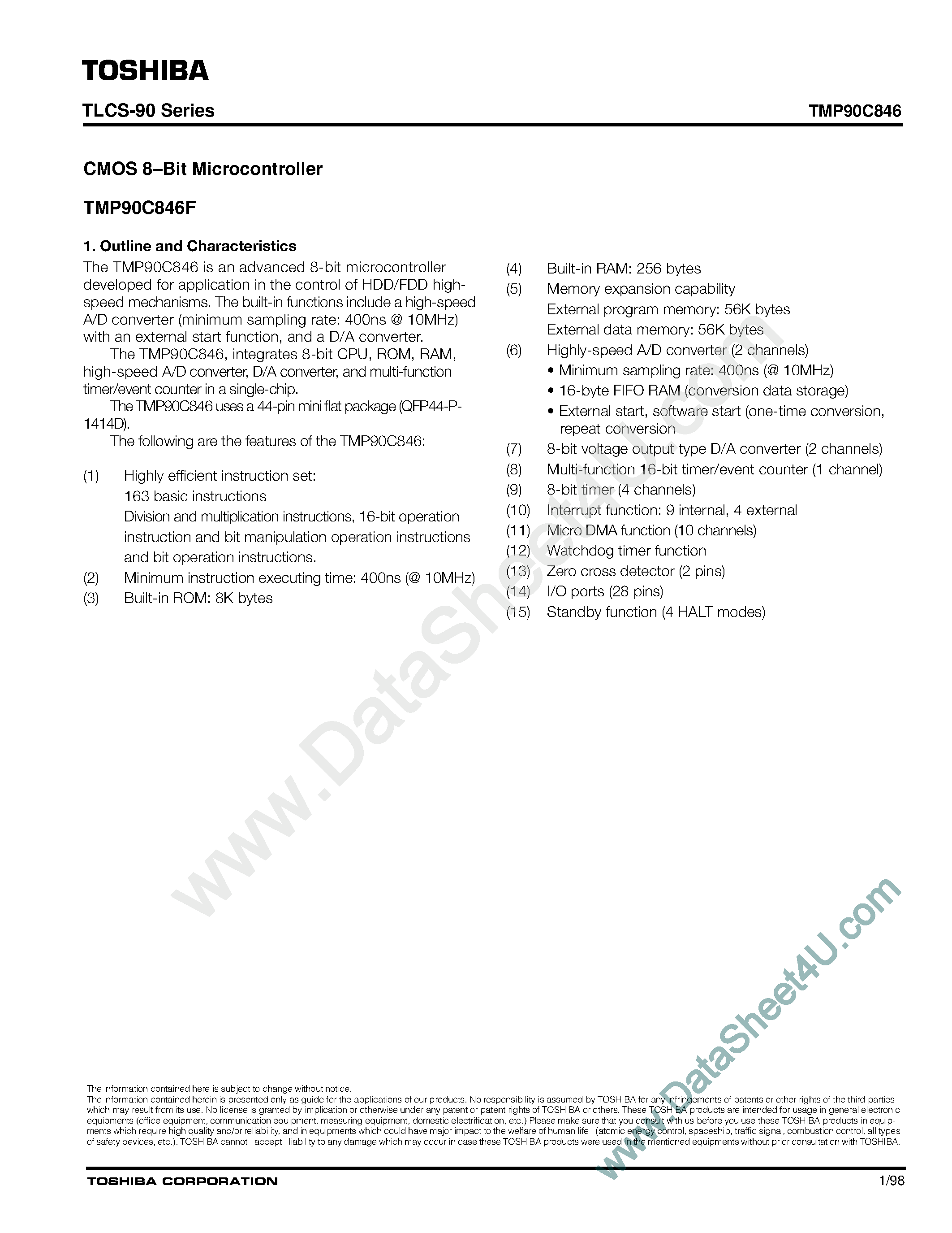 Datasheet TMP90C846 - CMOS 8-Bit Microcontrollers page 1