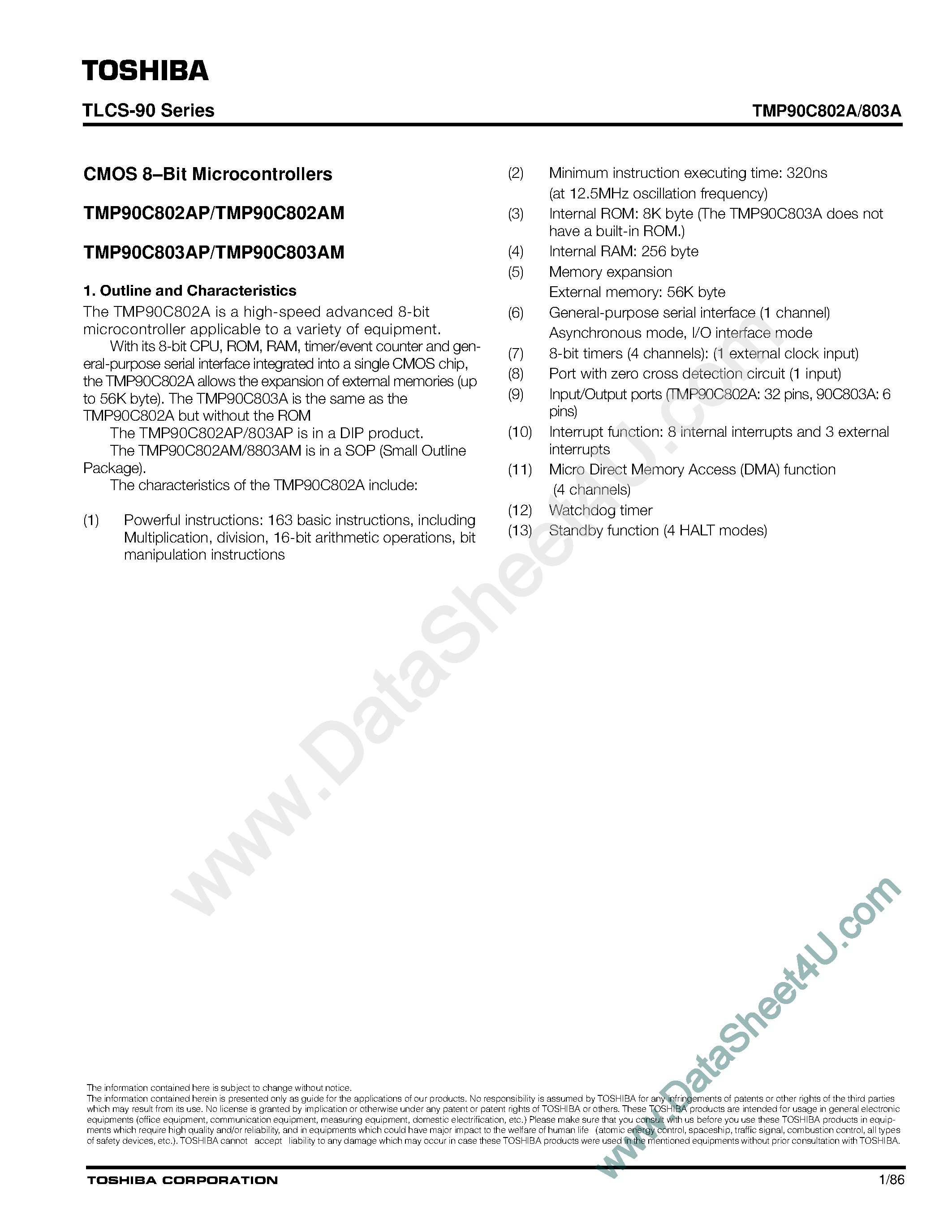 Datasheet TMP90C802A - (TMP90C802A / TMP90C803A) CMOS 8-Bit Microcontrollers page 1