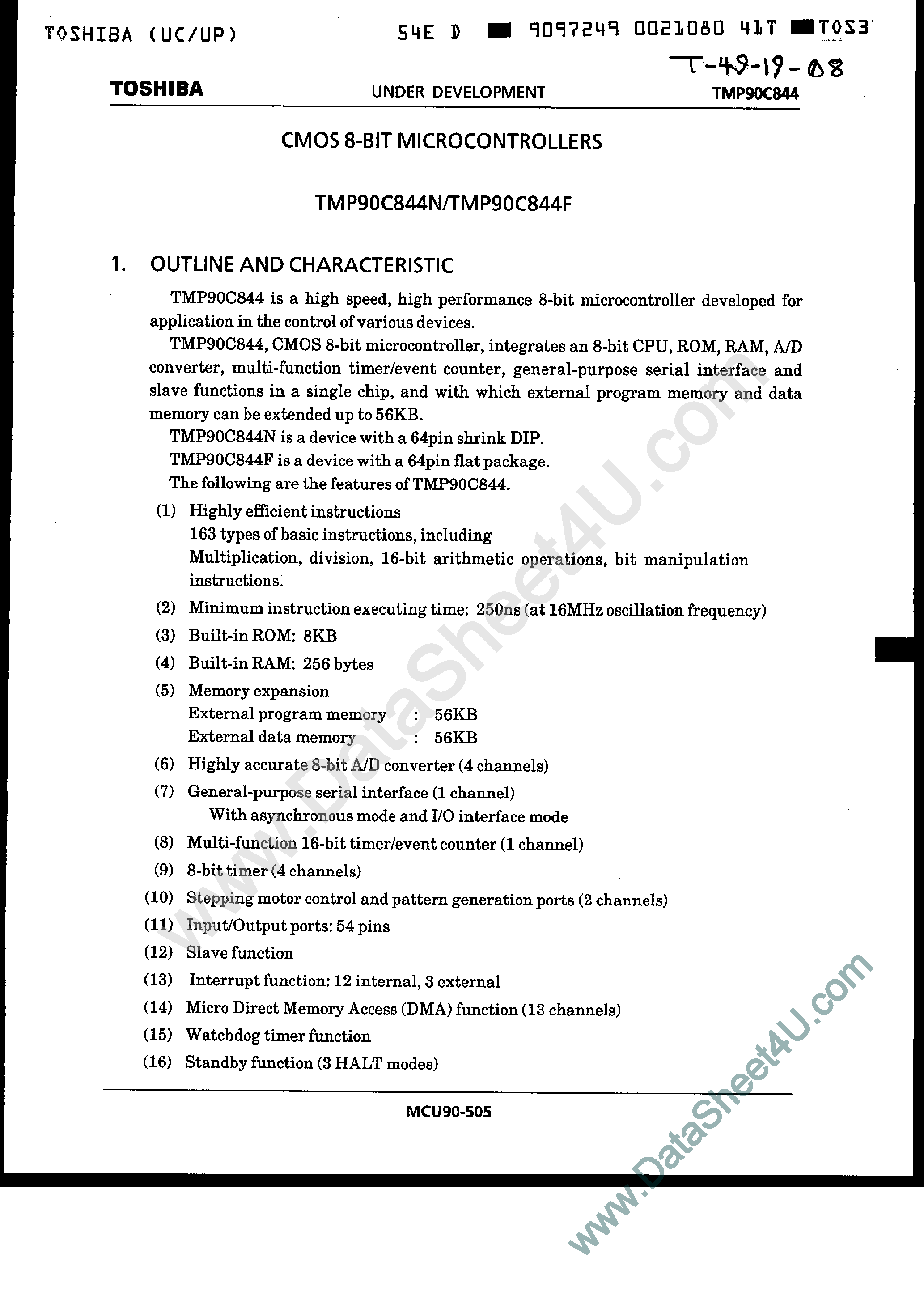 Datasheet TMP90C844F - CMOS 8-Bit Microcontrollers page 1