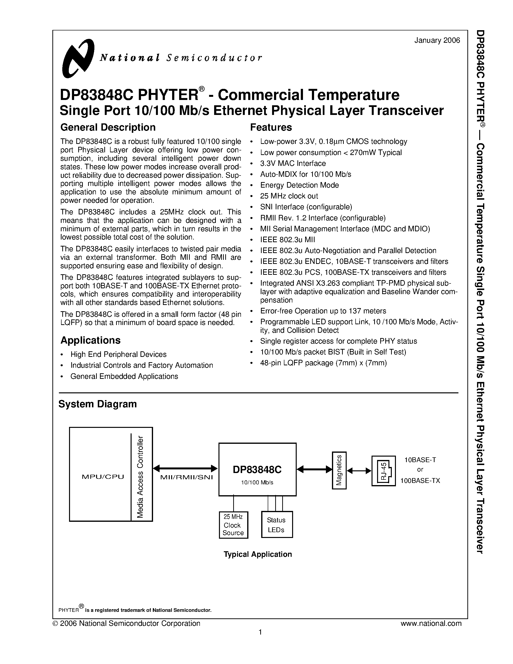 Datasheet DP83848C page 1 Datasheet DP83848C - PHYTER - Commercial Temperature Single Port 10/100 Mb/s Ethernet Physical Layer Transceiver page 1