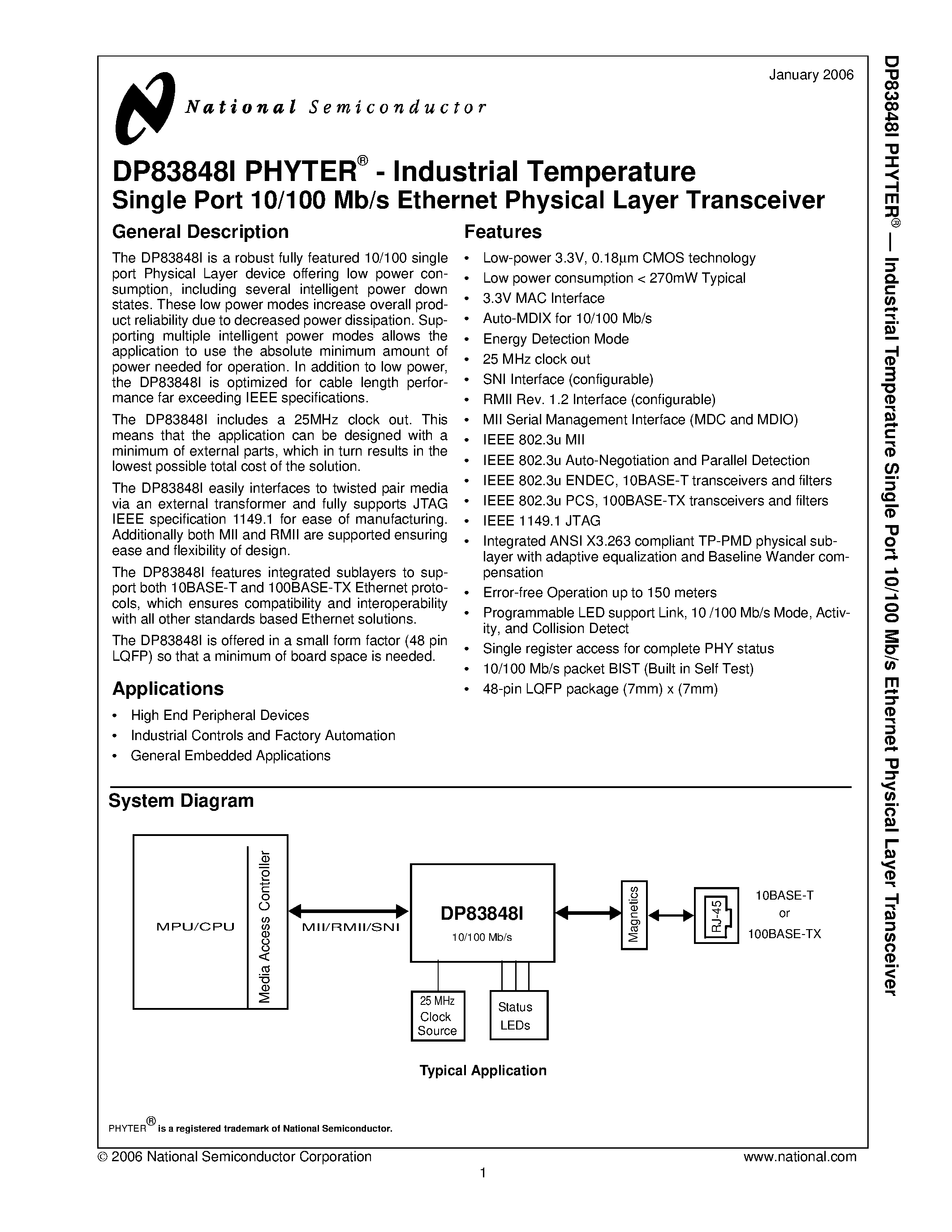 Datasheet DP83848I - Industrial Temperature Single Port 10/100 Mb/s Ethernet Physical Layer Transceiver page 1