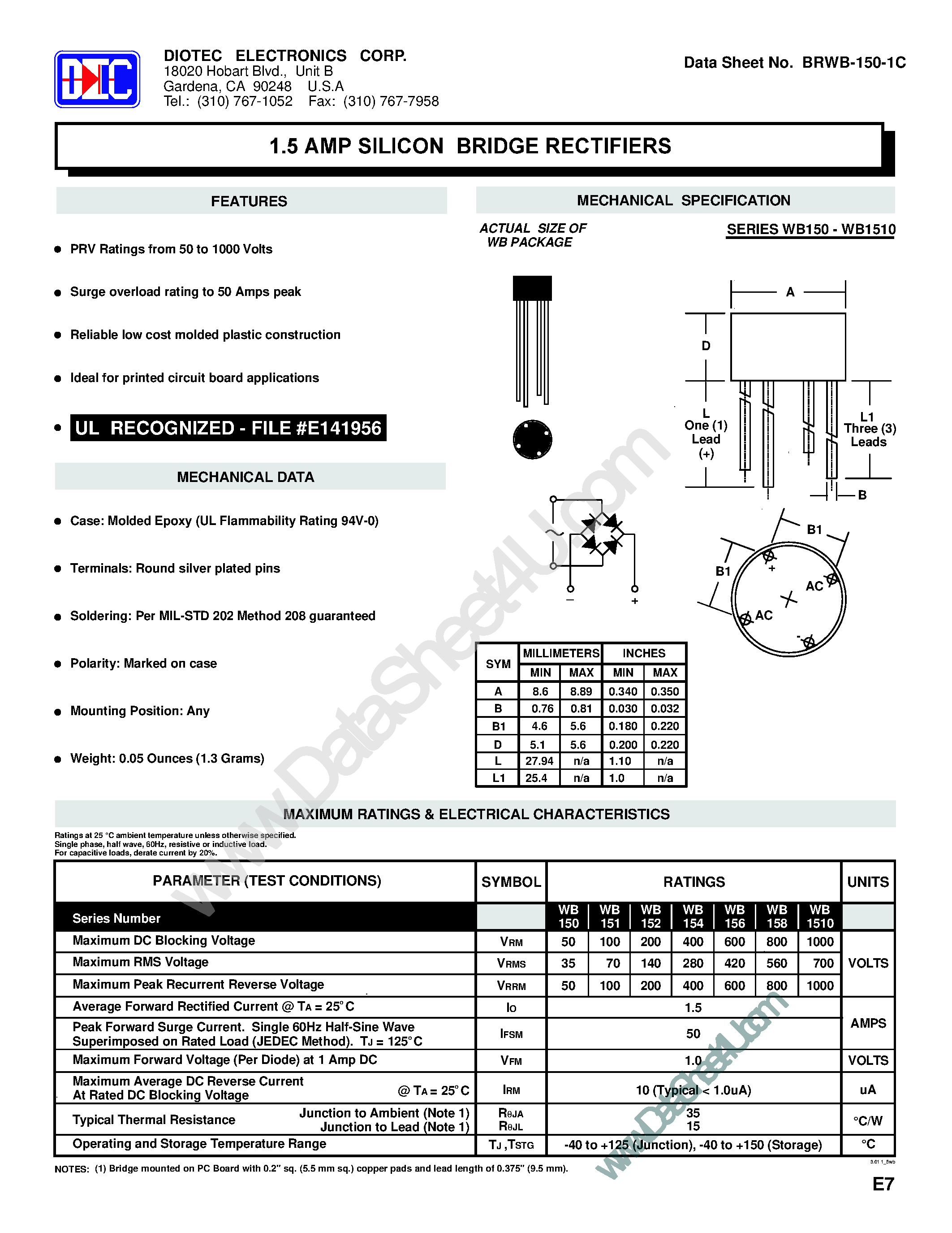 Datasheet WB150 page 1 Datasheet WB150 - (WB150 - WB1510) 1.5 Amp Silicon Bridge Rectifiers page 1
